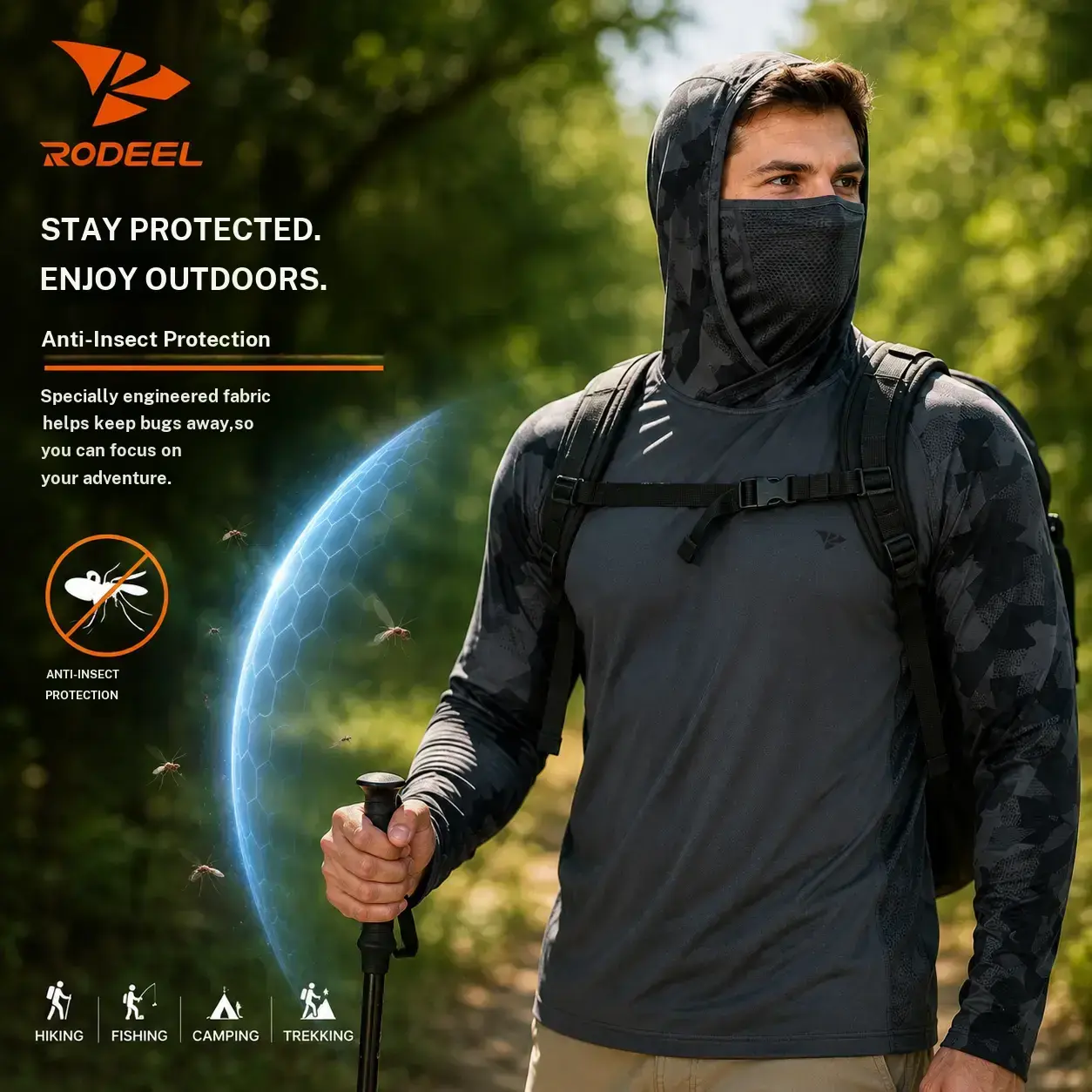 【RODEEL】915 Sun Hoodie Shirts w/ Mask Neck Gaiter Men UPF 50+ UV Protection Long Sleeve Lightweight Quick Dry Moisture Wicking Breathable Athletic Activewear for Outdoor Fishing Boating Hiking Construction Roofing Landscaping SummerWins