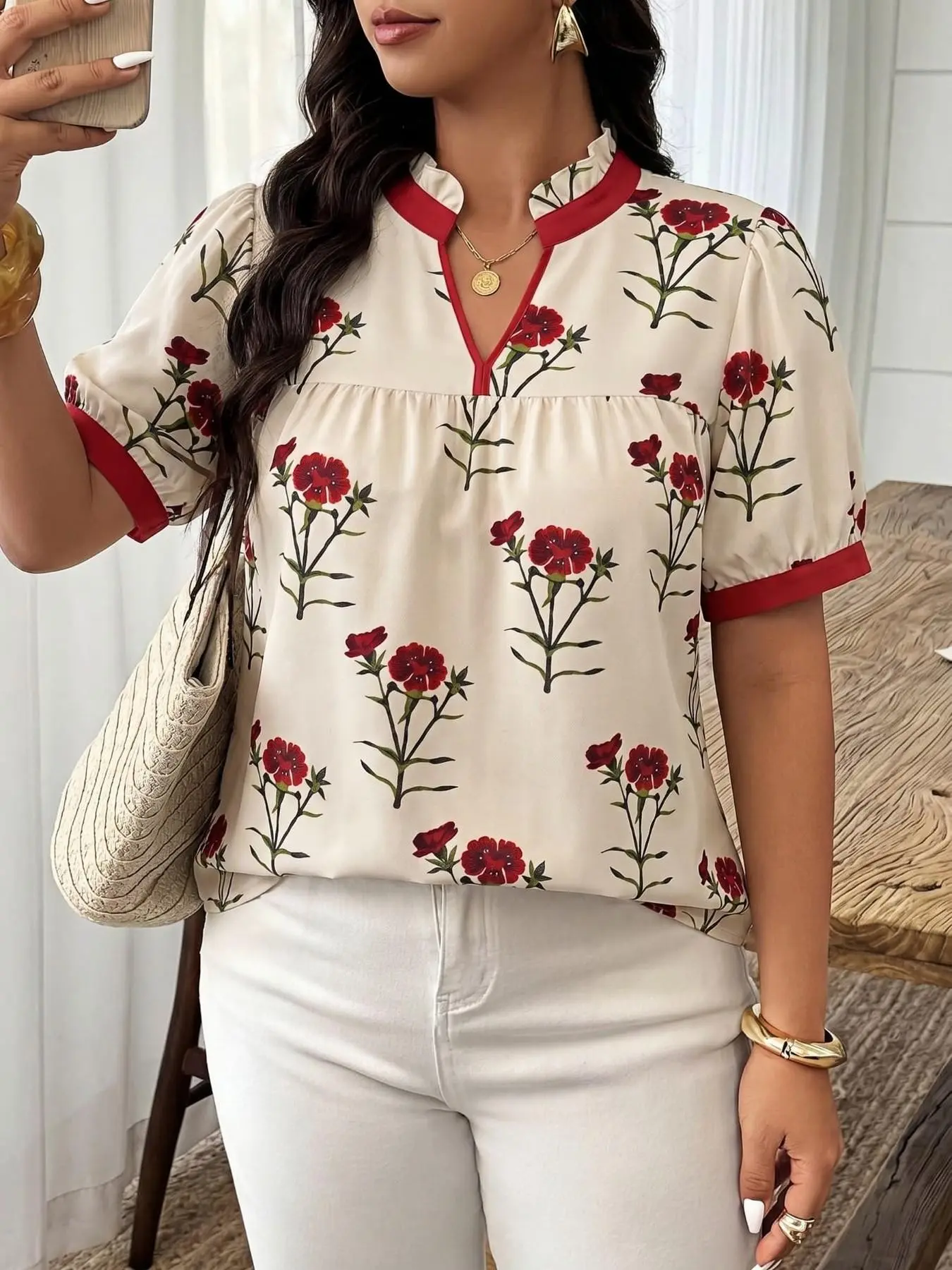 Plus Size Women's Ruffle V-Neck Floral Printed Lantern Sleeve Blouse Top, Loose Fit, Boho Style, Short Sleeve, Comfortable for Daily Wear