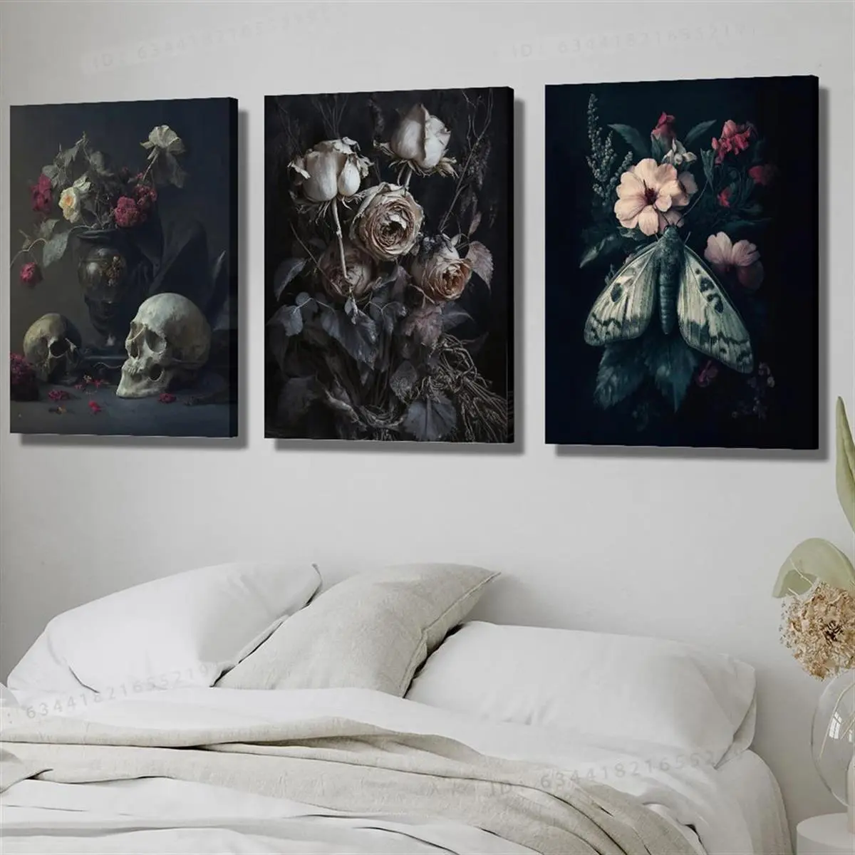 3-Piece Framed Dark Floral Gothic Skull Moth Canvas Wall Art, Clearance Sale 2D Flat Home Decor, Suitable for Halloween, Christmas, Luxurious Interior Posters & Prints
