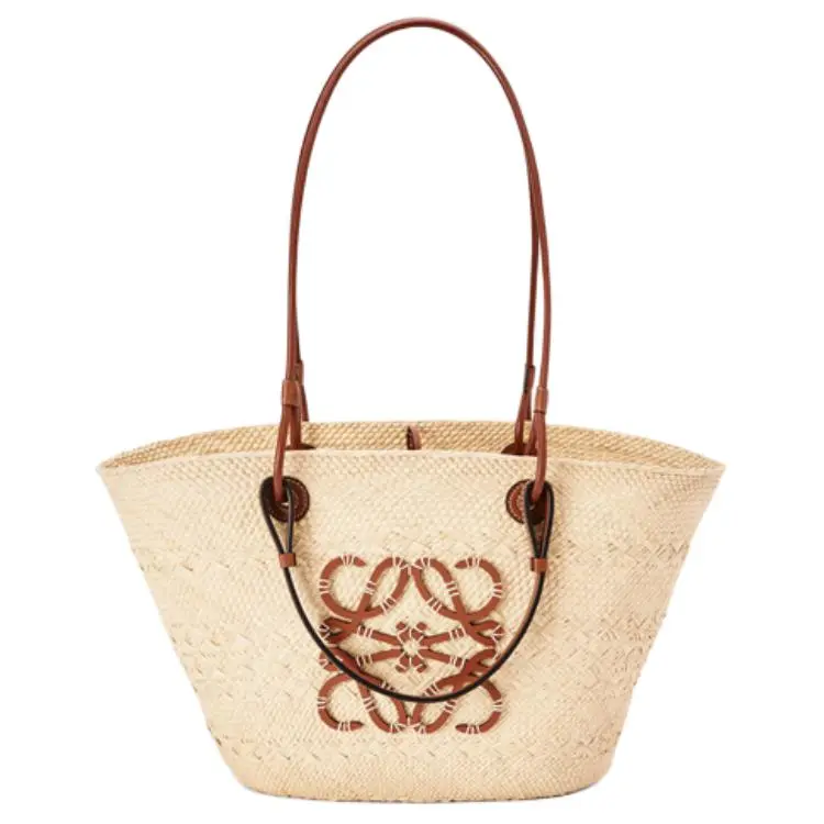 LOEWE Anagram Basket Handbag for Women, Handwoven Iriak Palm Fiber and Leather, Resort-Style Tote in Tan