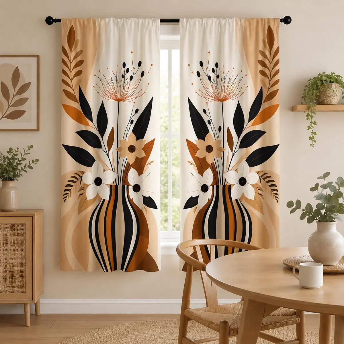 Abstract Floral Curtain Set, 2-Piece Light Blocking Curtains, Morandi Style Plant Print, Living Room Bedroom Decor, Natural Wood Aesthetic, Window Curtains