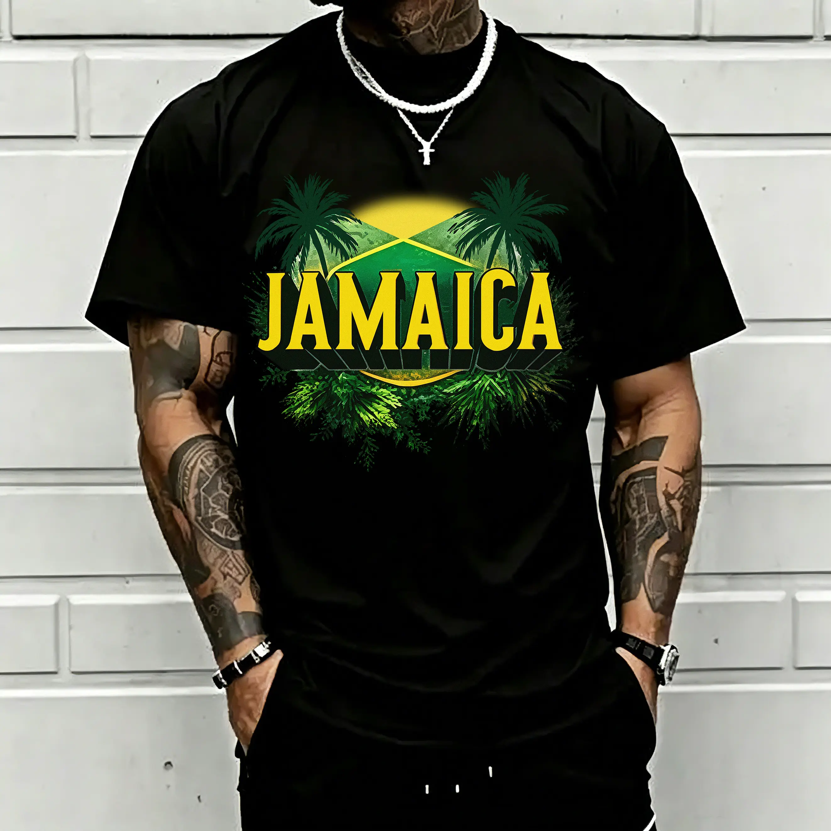 Men's Classic Cotton Round Neck Crew T-Shirt - Unisex Menswear, Tropical Jamaica Palm Tree Graphic, Regular Fit, Breathable Fabric, Caribbean Outdoor Vacation Top, Machine Washable Cold Wash, Summer Gift, All Seasons