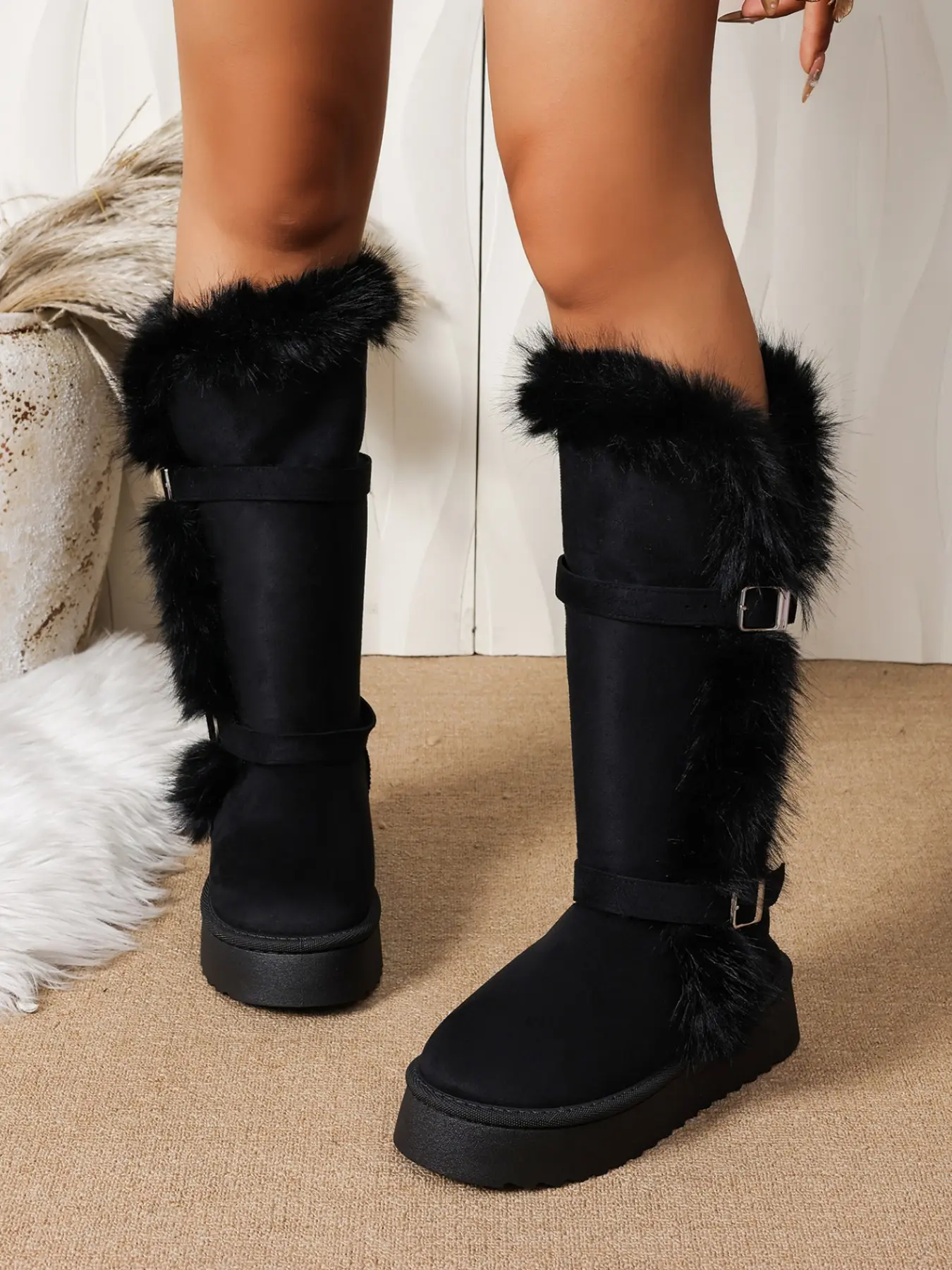 2026 New Suede Tall Warm Boots With Furry Cuff & Metal Decor Straps, Fleece Lined Thick Sole Cold Proof Tall Boots For Daily Winter Wear Fluffy Fur Boots