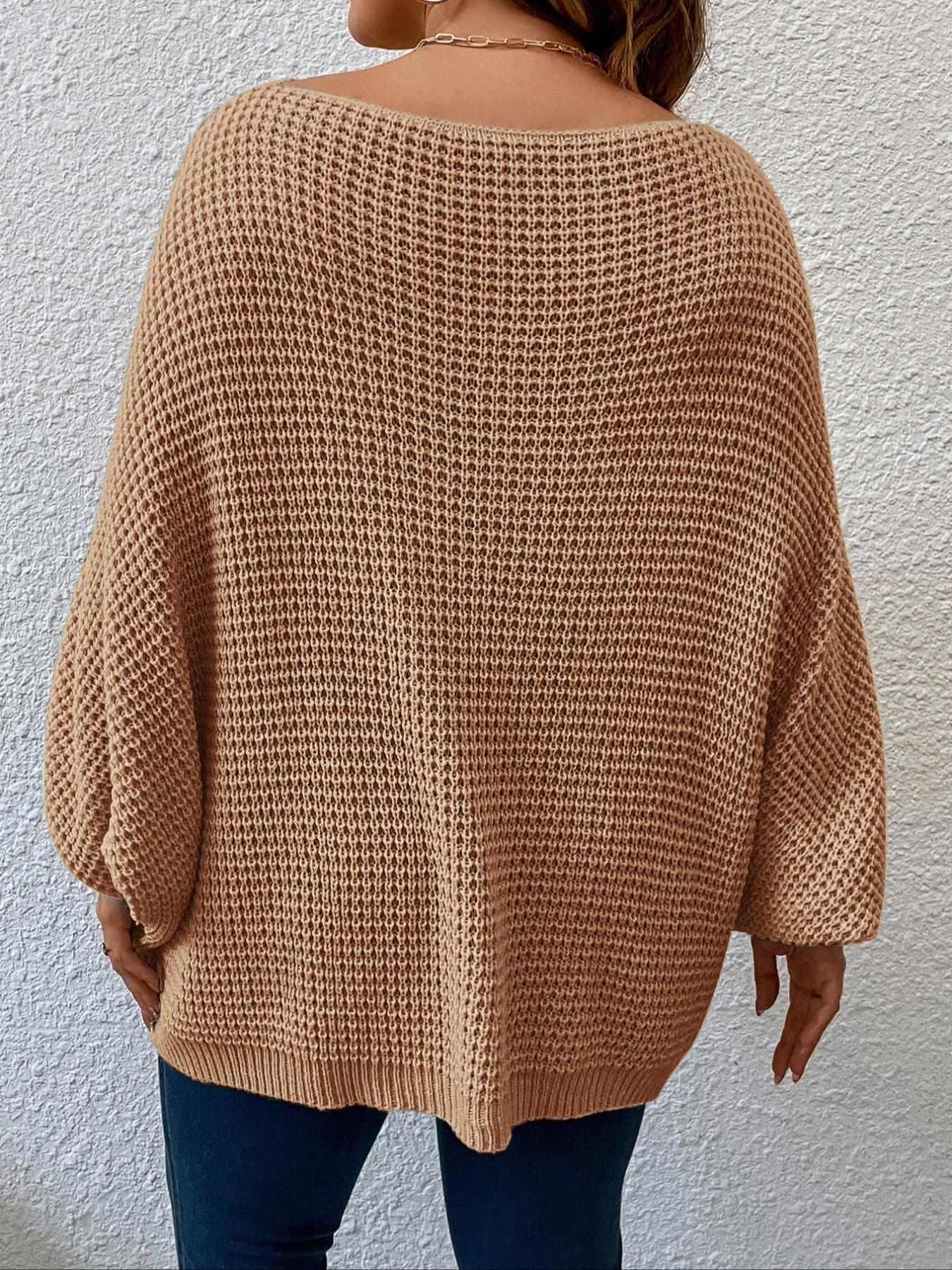 Plus Size Solid Batwing Sleeve Boat Neck Sweater Knitwear, Casual Long Sleeve Jumper for Fall, Plus Size Clothing for Daily Wear, Womenswear
