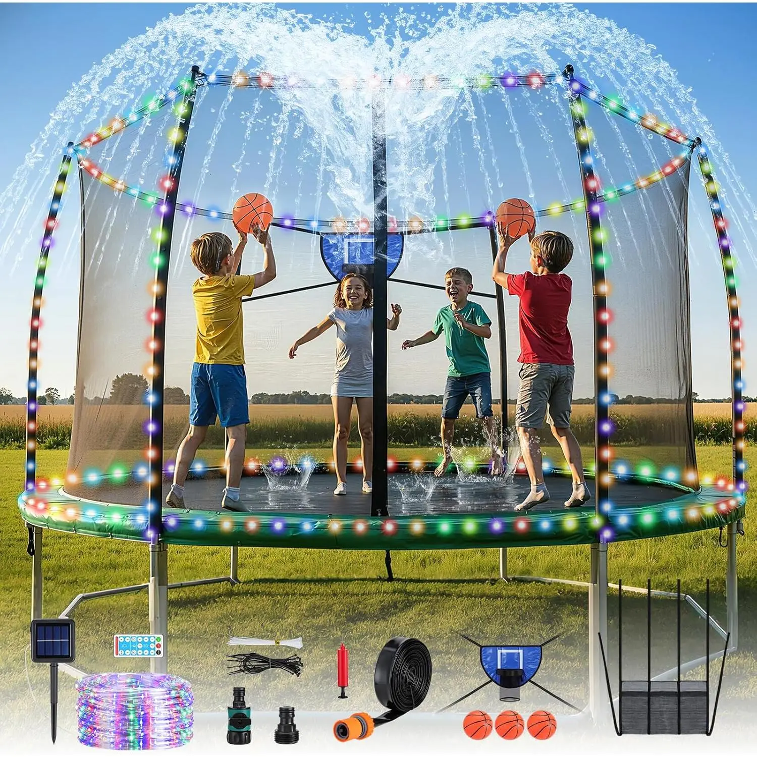Trampoline Accessories Kit Basketball Hoop 3 Mini Balls 52FT Solar Lights 8 Modes Sprinkler Shoe Bag for 8-16FT Trampoline Outdoor Summer Cooling Family Fun