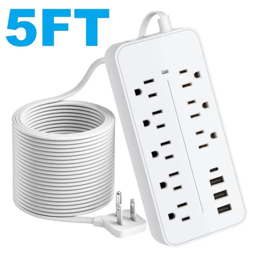 Power Strip Surge Protector, 8 Widely Outlets with 4 USB Ports (1 USB C), Multi Plug Wall Outlet Extender, 5FT Extension Cord Charging Station, Small Power Strip for Travel Home Office College Dorm