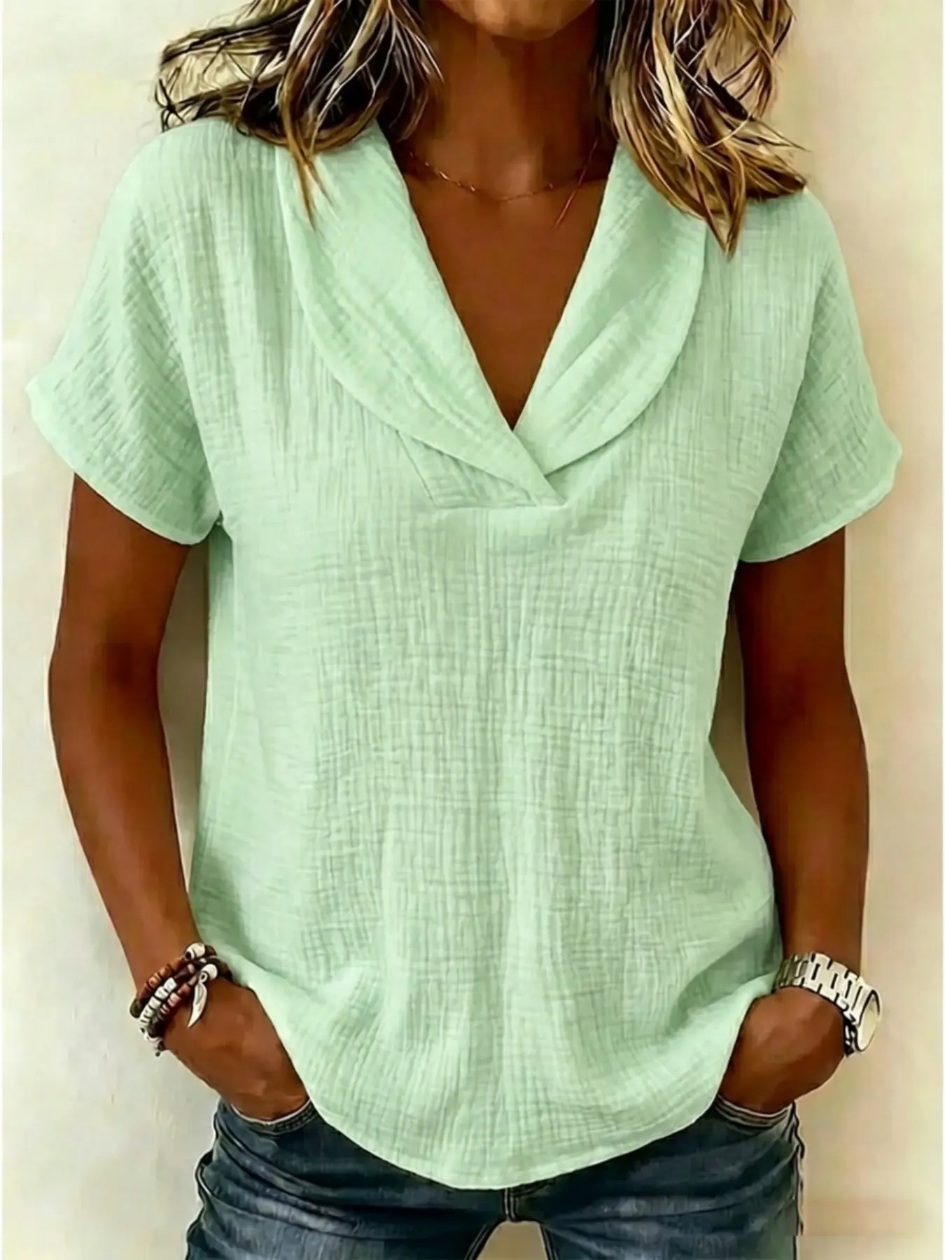 Women's Summer Knitted Short Sleeve Top, Linen Babydoll Collar, European and American Style, Casual New Design 2026, Independent Store