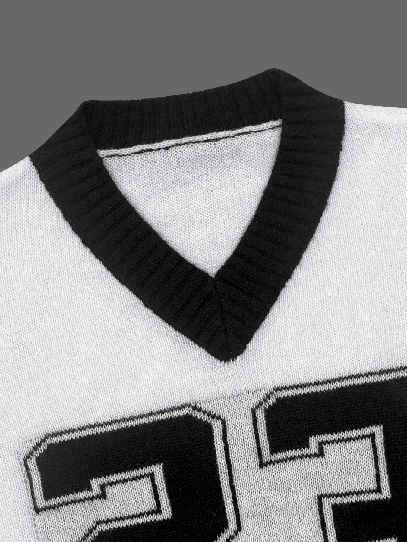 Unisex V-Neck Knit Pullover with Star and Number 23 Pattern, Casual Loose-Fitting Sweater for Spring & Fall, Comfortable and Stylish