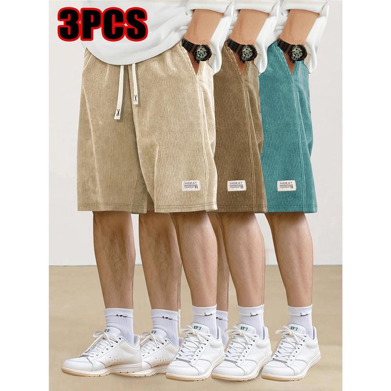 Men's 3PC Corduroy Sports Shorts - Elastic Waist, Drawstring Closure, Lightweight, Comfortable Fit, Summer Outdoor Wear for Beach, Fitness