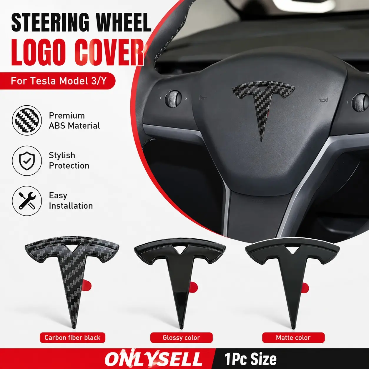 1Pc 3D ABS Steering Wheel Logo Emblem Sticker for Tesla Model 3 Highland 2023 Model S X Y Interior Accessories Logo Stickers
