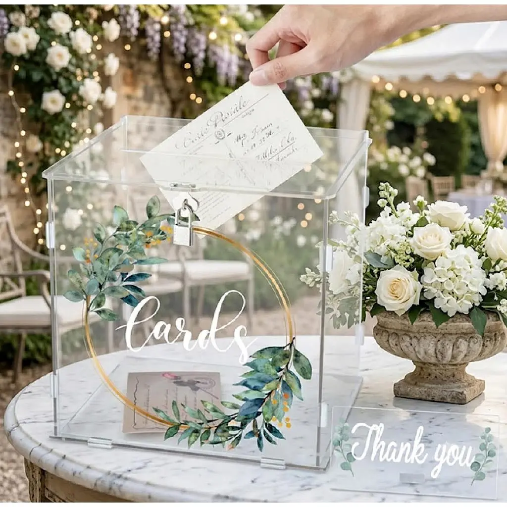 Clear Acrylic Wedding Card Box with Lock & Gold Ring – Square, “Cards” Script + Greenery Wreath, for Wedding, Birthday, Graduation | Holds Cash & Cards | Reception Decor