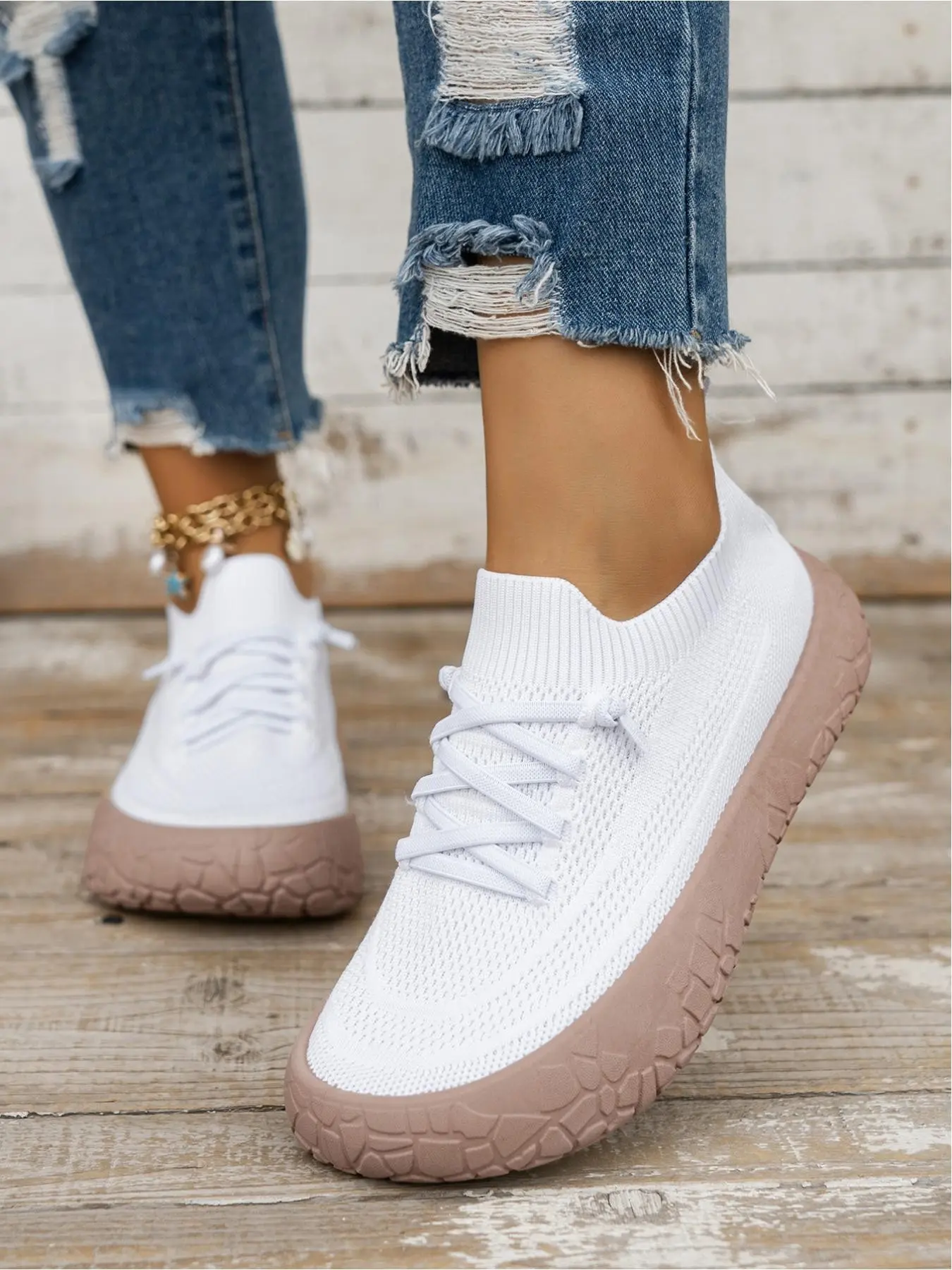 Elastic Flyknit Sock Laces Casual Shoes for Women, Colorblock Thick Sole Breathable Mesh Lazy Sports Shoes, Lightweight Soft Bottom Summer Commute Walking Student Versatile Slip-On Anti-Slip Leisure Shoes, Thick Soled Shoes