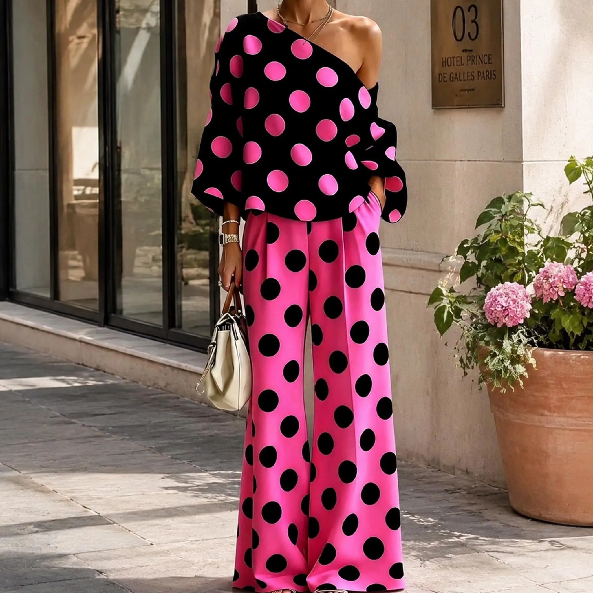 Women Hot Pink Black Polka Dot 2 Piece Matching Outfit, Asymmetric Off Shoulder Long Sleeve Top & Elastic High Waist Wide Leg Palazzo Pants Set, Curvy Friendly Casual Coord Sets, Fashion Streetwear Vacation Going Out Outfits For Women