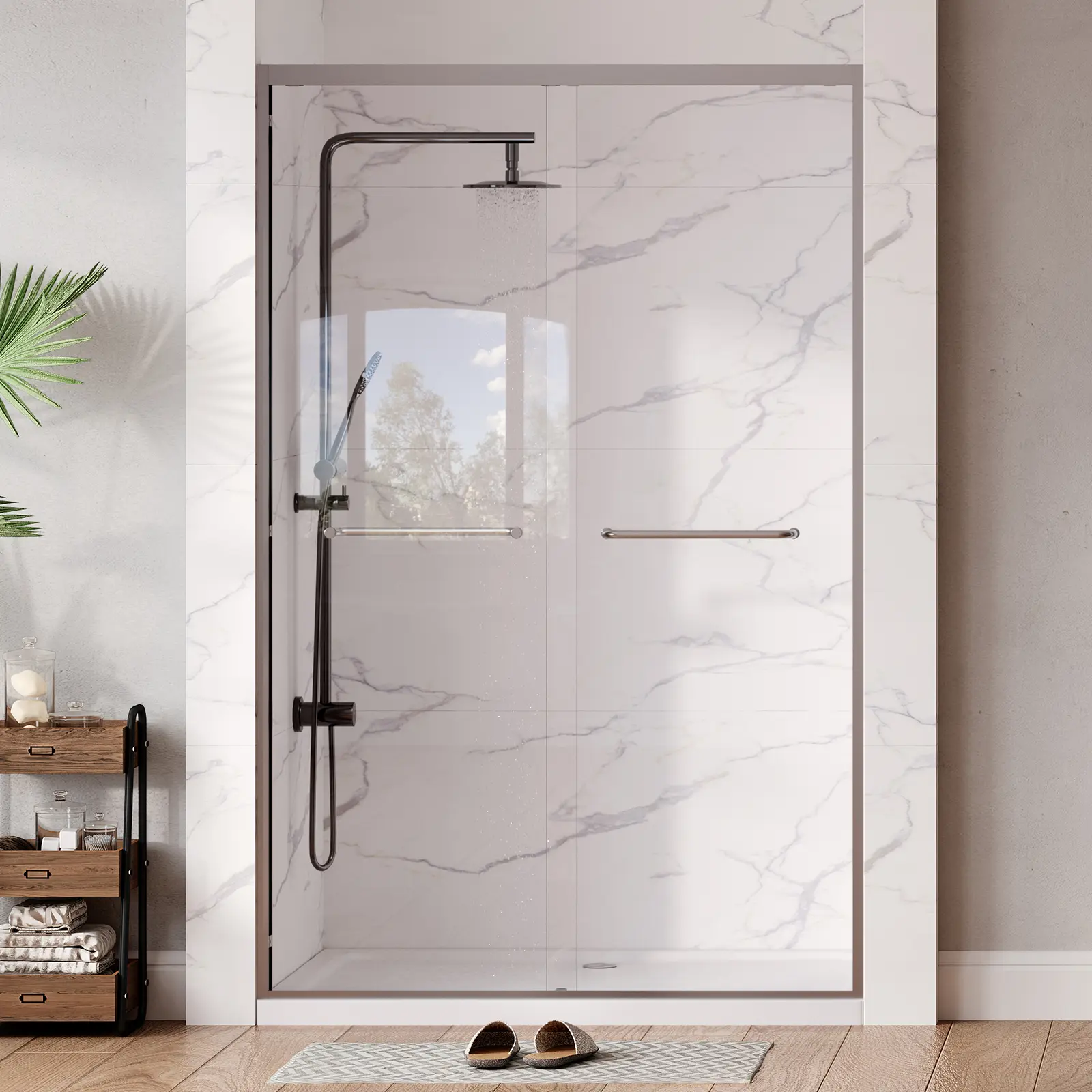 Sliding Shower Door Double Bypass Shower Enclosure Tempered Glass with Trimmable Width & Easy Clean Nano Coating, Matte Silver Frame