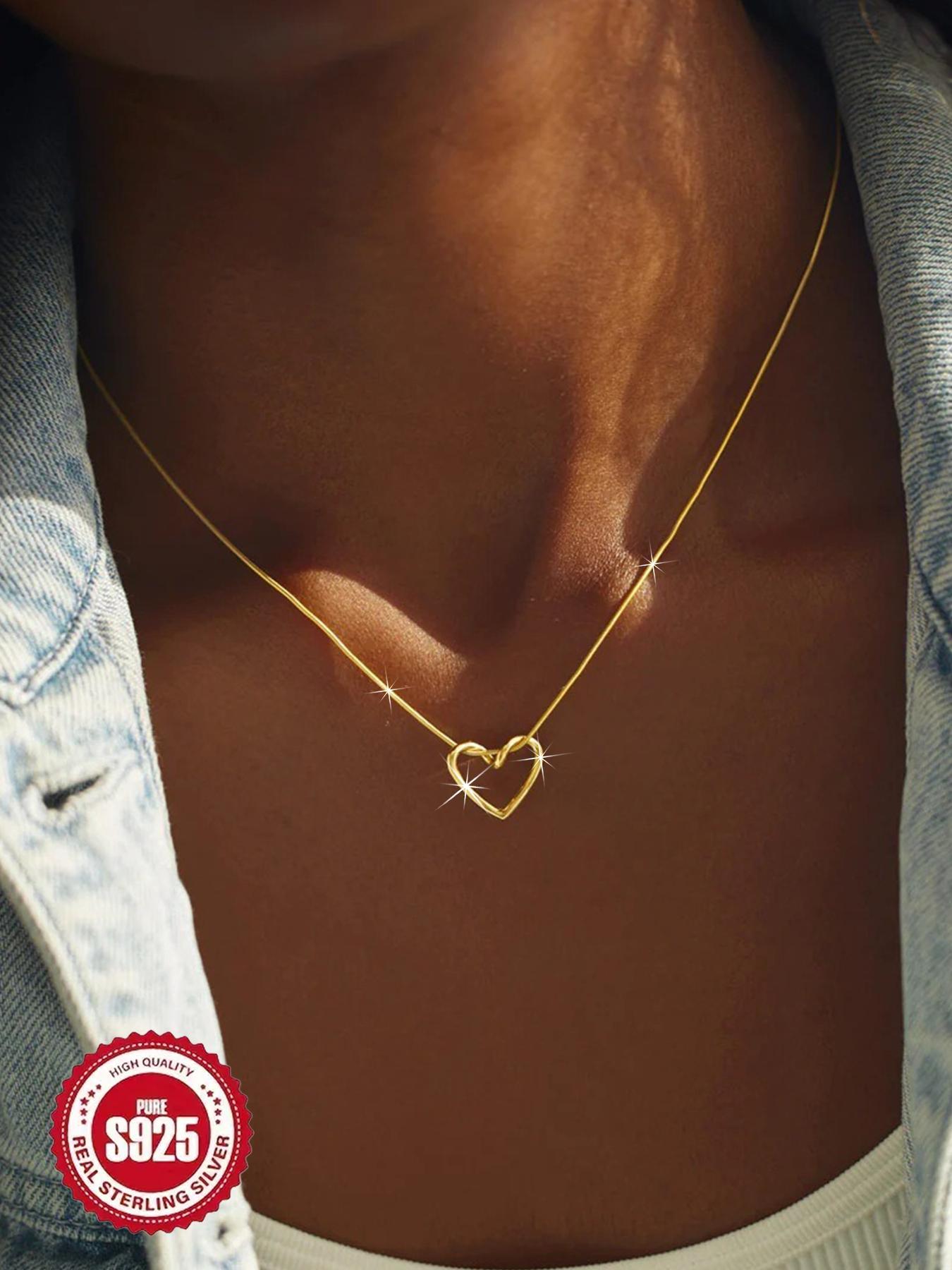 S925 Sterling Silver Twisted Love Heart Shaped Chain Necklace for Women & Girls, Heart Pendant Necklace, Fashion Jewelry for Party, Daily Decor, Decorative Necklace, Trendy All-match & Exquisite Jewelry for Birthday Gift