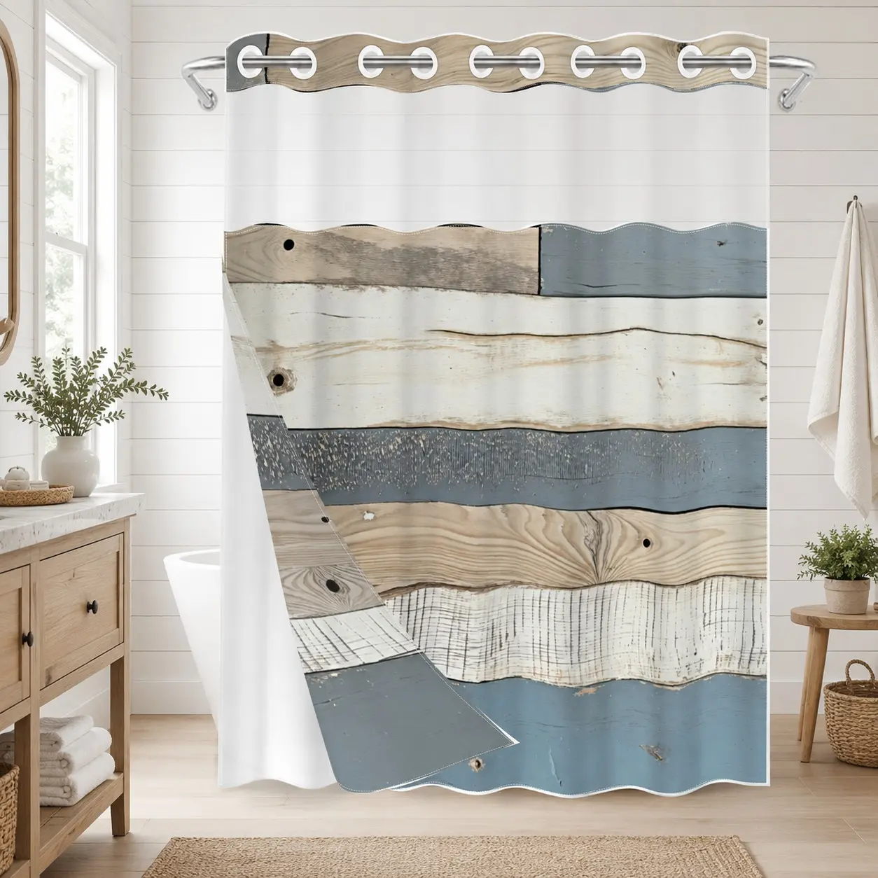 1pc Hookless Double Layer Bathroom Shower Curtain, Rustic Wood Plank Print, Sheer Window, Detachable Snap-On White Liner, Waterproof Washable for Home, Apartment, Hotel, Dorm, Renovation & Back to School