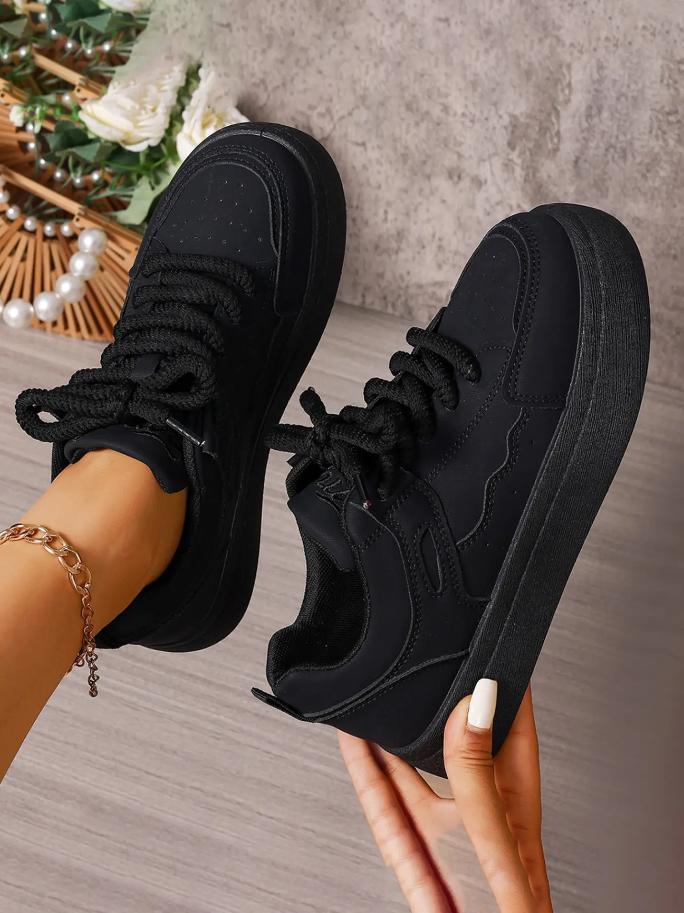 New Wave Side Thick Sole Board Shoes for Women, Chunky Rope Laces, Height Boosting, Casual Outdoor Walking, Lightweight Comfortable, Thick Bottom Shoes, Chunky Trainers