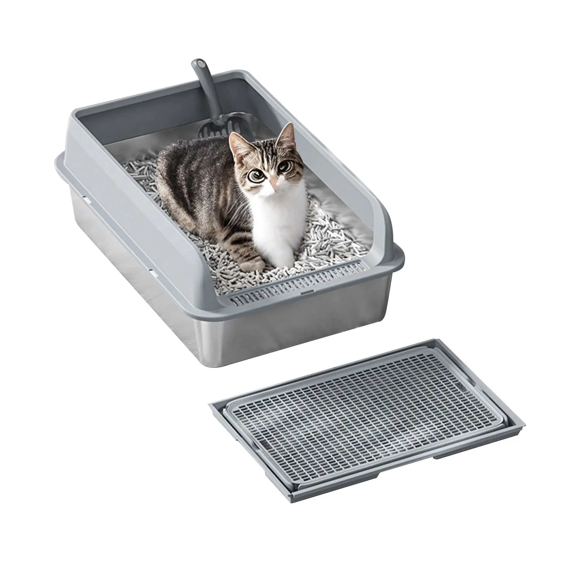 Stainless Steel Cat Litter Box,  Cat Litter Tray with Litter Scoop & Mat, Never Absorbs Odors & Non Stick Surface
