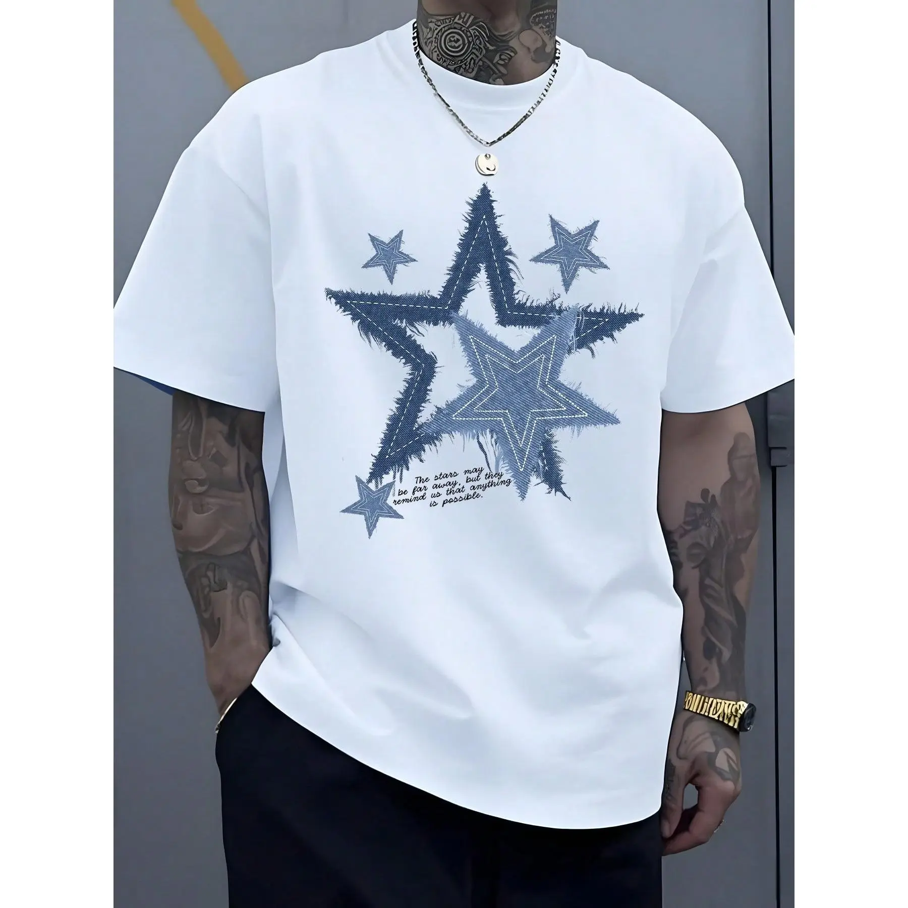 Men's 100% Cotton Sports Undershirt, Faded Denim Look with Star Accents, Streetwear Menswear for Festival Day Sweat - "The Stars May Be Far Away But They Remind Us That Anything Is Possible"