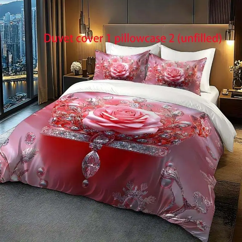 3-piece set of pink rose digital printed bedding made of polyester material, including 1 duvet cover and 2 pillowcases, is the preferred bedding for bedrooms, dormitories, and famous guests, Decorative Bedding Set, Soft Bedding Sets, Floral Bedding Sets