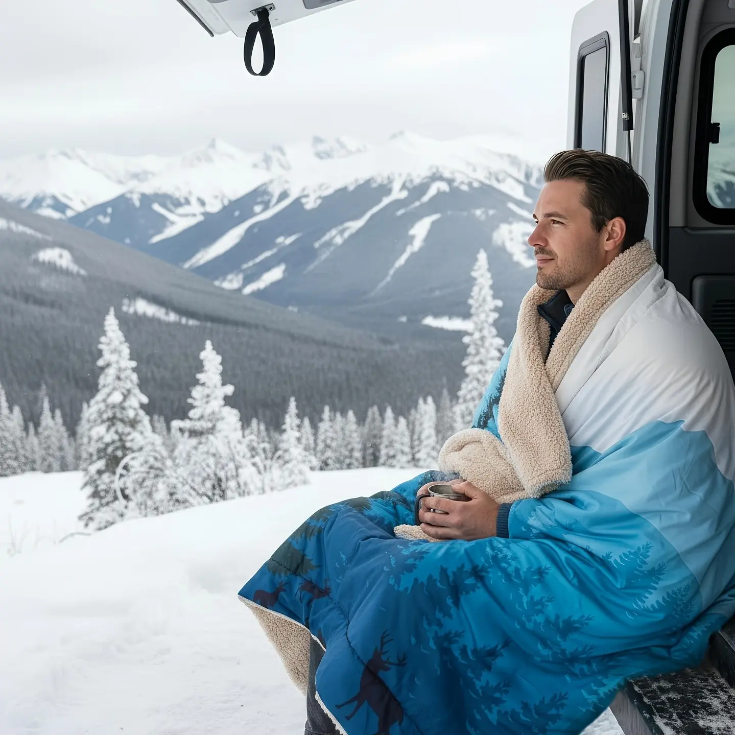 A Camping Blanket Designed for Outdoor Use Featuring a Sherpa Lining, Providing Extra Warmth. This Thick And Puffy Ultralight Poncho Quilt Is Suitable for Cold Weather Adventures, Sleeping, And Backpacking, Measuring 79 Inches by 55 Inches