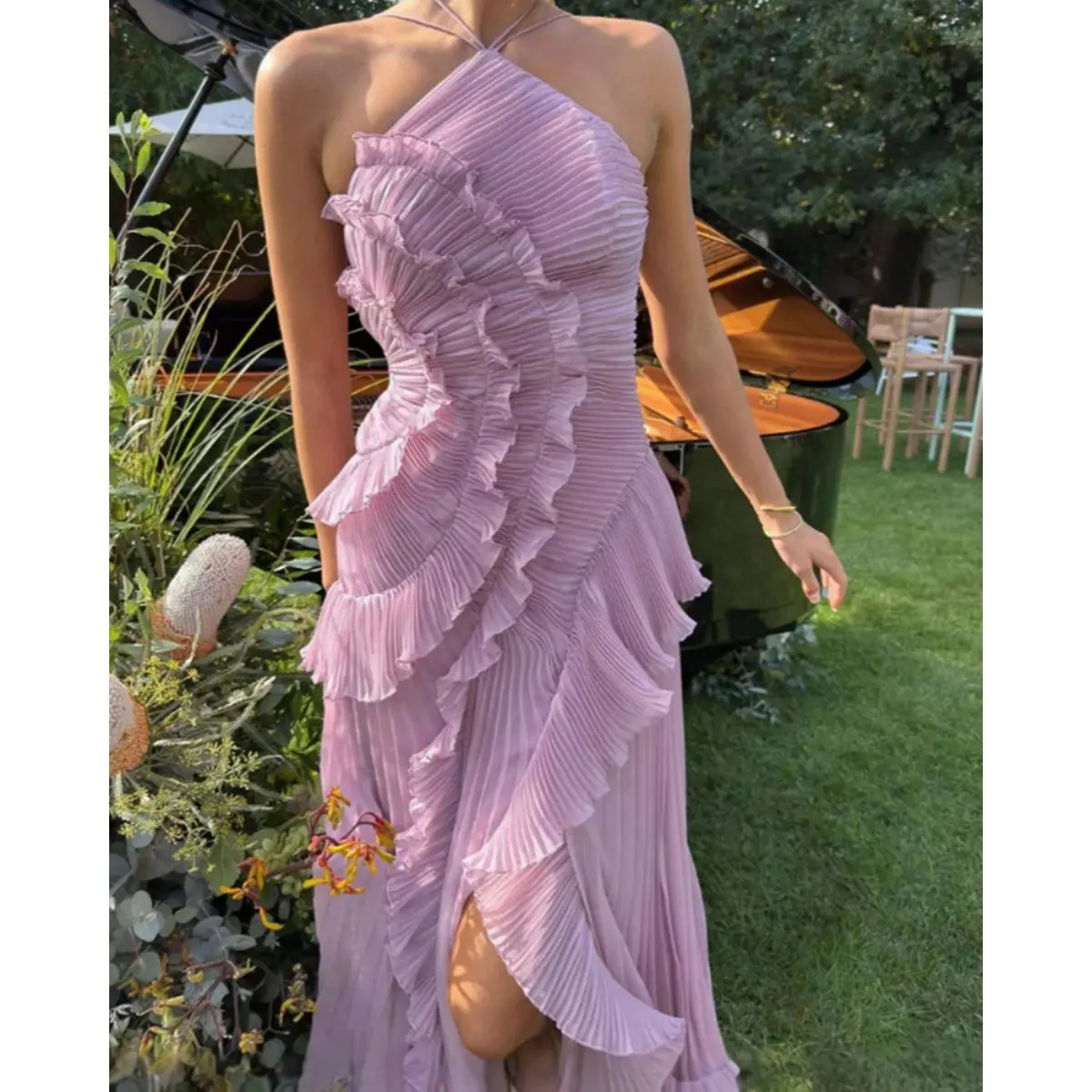 Women’s Pleated Ruffle Chiffon Maxi Dress, Asymmetrical One Shoulder Sleeveless Backless High Waist Flowy Summer Wedding Guest Party Dress