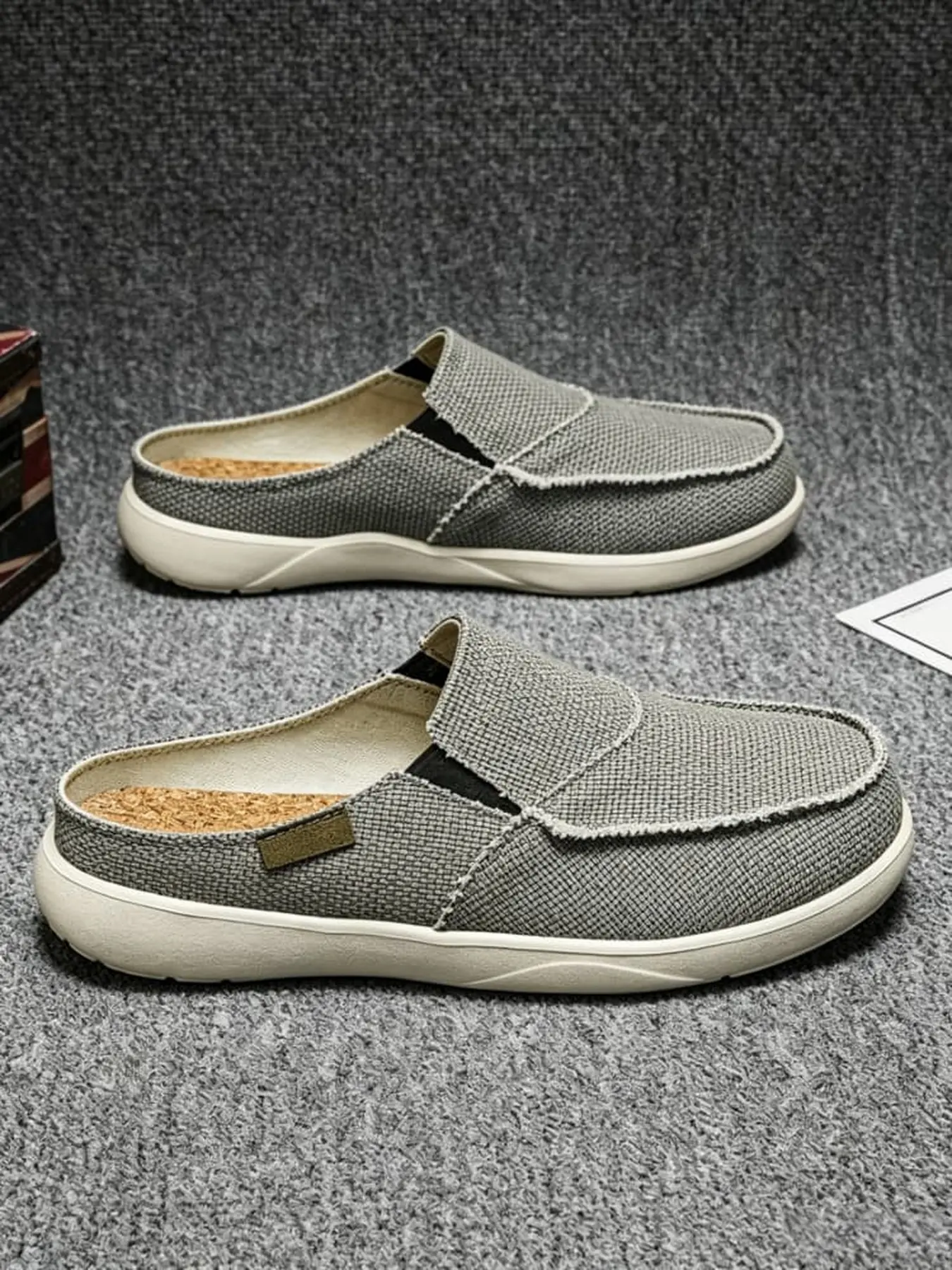 Vintage Style Men Frayed Canvas Lazy Backless Slides Cork Breathable Sweat-absorbent Inner Sole Lightweight EVA Anti-slip Sole Backless Design Versatile Casual Slides For Work Home Trips