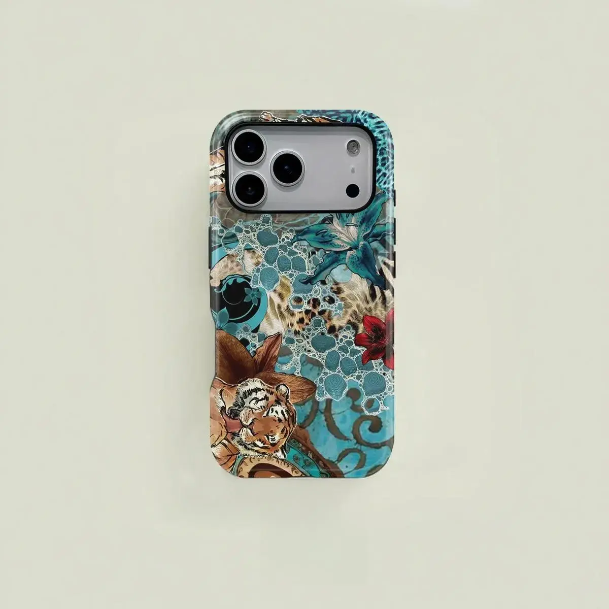 Blue Green Bohemian Tiger Lily Patchwork Protective Phone Case Compatible with MagSafe, Dual-Layer Shockproof Durable Cover Compatible with iPhone 17/16/15/14/13/12/11 Pro Max Plus Pro, Minimalist Protective Case