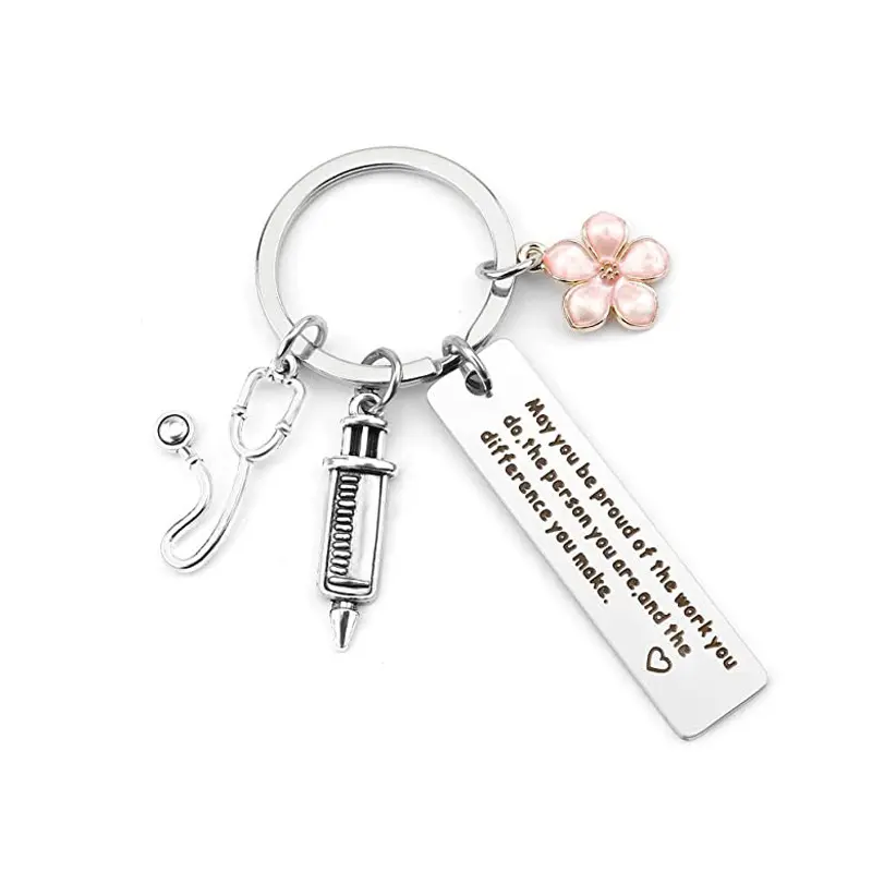 Cute Metallic Alloy Keychain, Detailed Stethoscope & Floral Medical Gear Accessory with Pink Enamel Blossom, Heart-Engraved Motivational Tag, Clip-On Syringe – Gifts for Women Healthcare Heroes