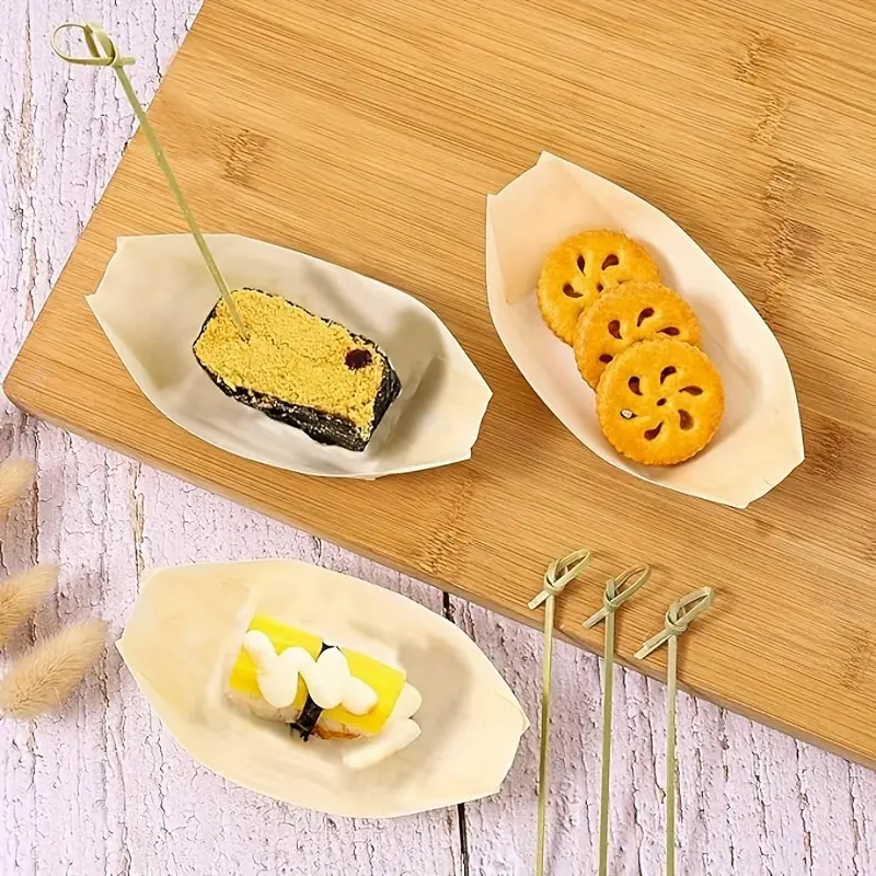 100 Pack 4.61 Inch Small Handmade Wooden Boat Shaped Disposable Plates Creative Wooden Serving Trays for Sushi Appetizers Desserts Party Family Festive Occasions