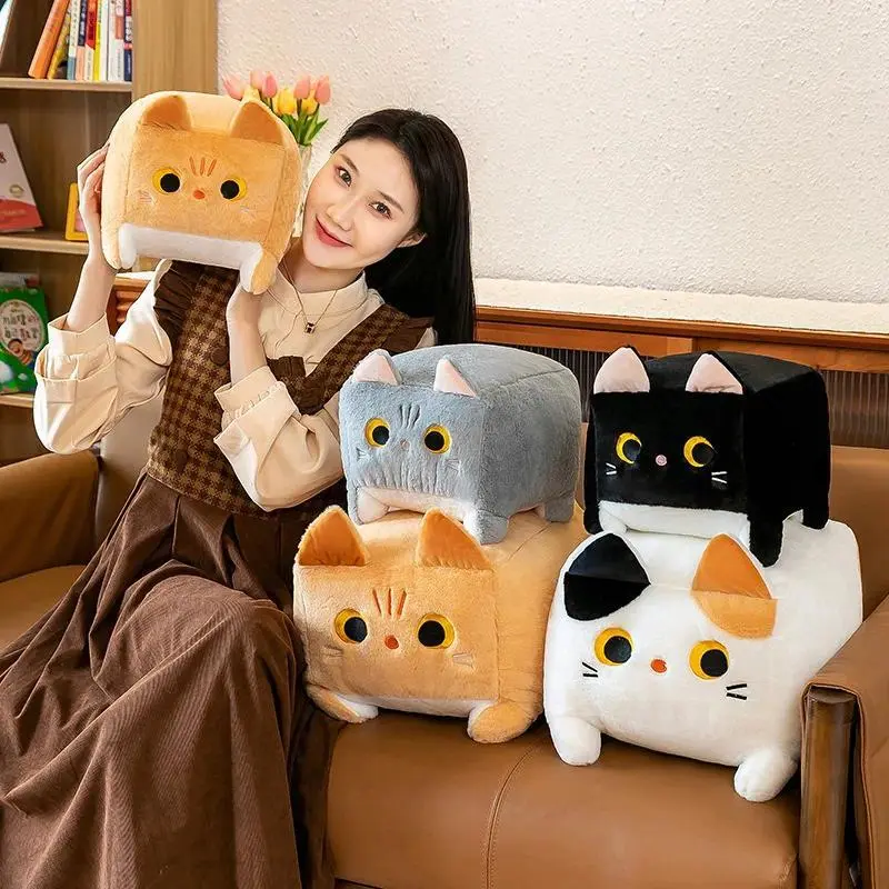 Square Cat Cuddly Stuffed Animal Pillow, Extra Soft Fluffy Plush Cushion, Kawaii Cartoon Black Kitten Doll, Stress Relief Toy for Kids, Home Decoration, Cuddly Stuffed Animals