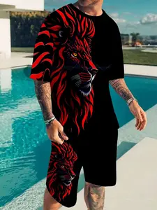 Men's 2-piece lion print crew neck T-shirt and shorts set, stylish everyday, sporty, and holiday casual wear, machine washable, menswear.