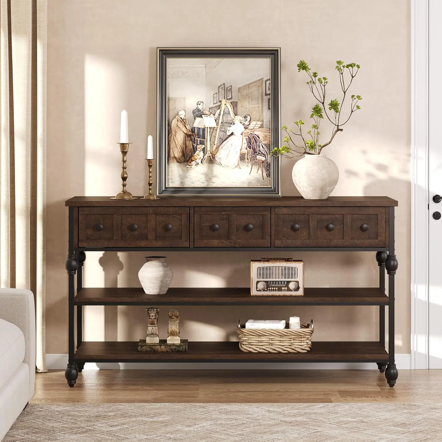 52" Console Table with 3 Drawers, Roman Column Entryway Table, Narrow Sofa Table Behind Couch, Industrial Hallway Table with Storage Shelf for Living Room, Foyer, Brownish-red.
