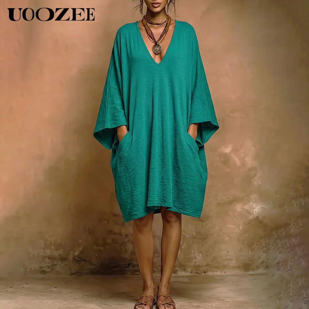 UOOZEE Women's Oversized V-Neck Batwing Sleeve Crinkled 100% Polyester Tunic Dress - Streetwear Minimalist Style, Loose Kaftan Cover Up with Deep Pockets, Tank Top/Tee Layering Option, Plus Size Friendly, Size Down for Slim Fit, Baggy