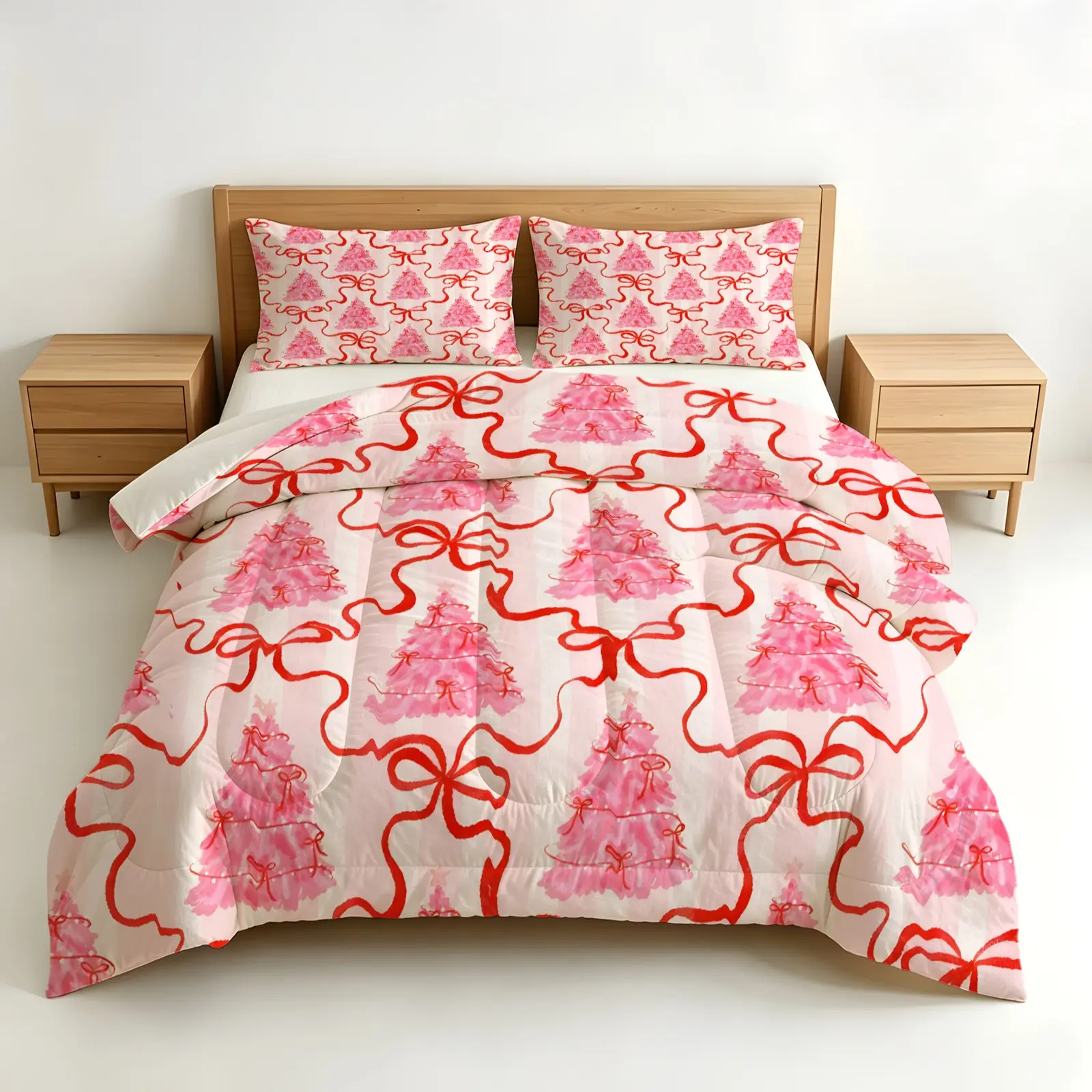 2-3 Piece Pink Christmas Tree with Red Bow Print Comforter Set, Girly Bow Christmas Theme Bedding, Excellent Warmth, Perfect for Bedroom and Guest Room Decor
