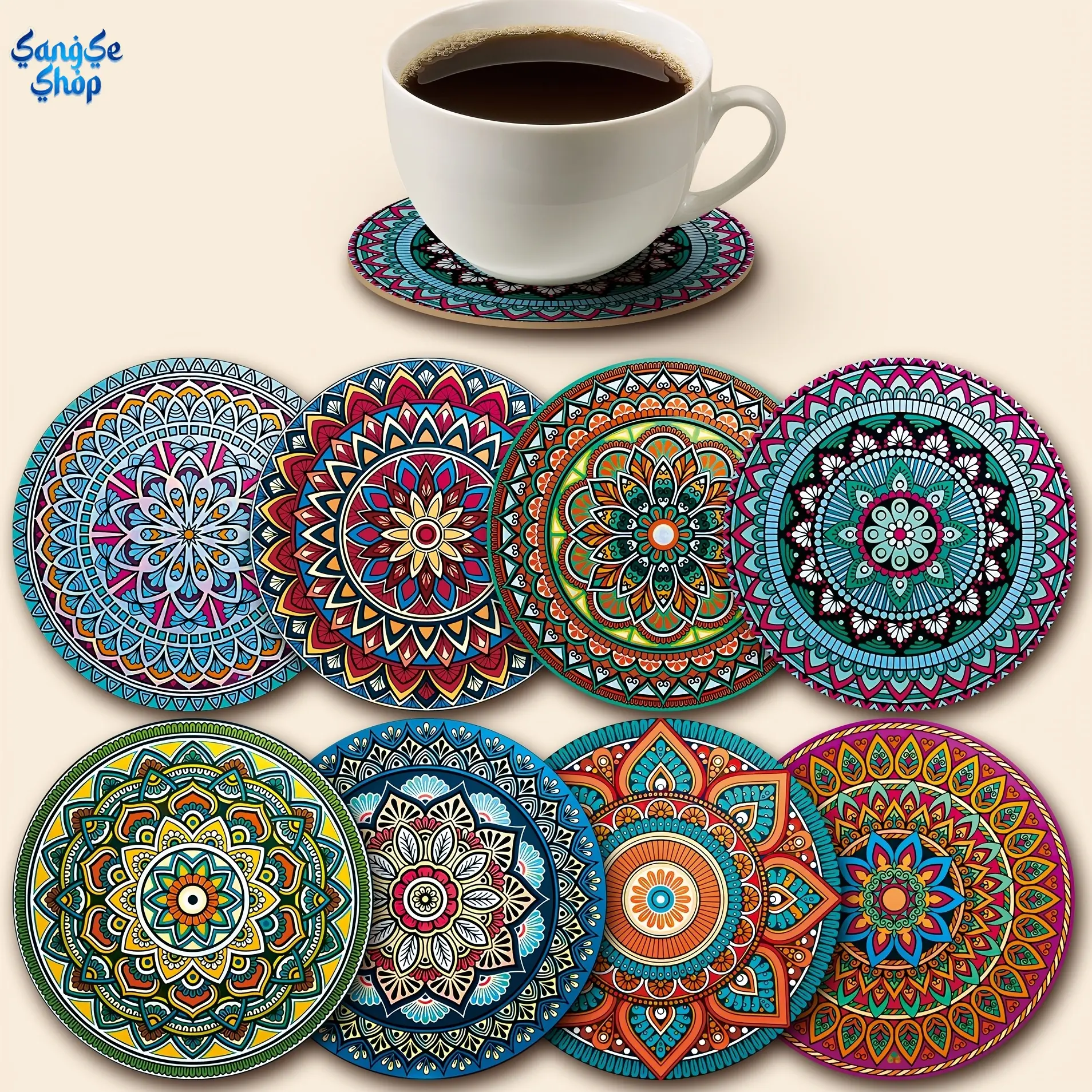 Boho Style Cup Mats 8-Piece Mandala Wooden Coasters, Heat-Resistant Practical Drink Mats, Coaster for Desk, Protects Tables for Home & Parties Use, 3.94"x3.94", Vibrant, Bar