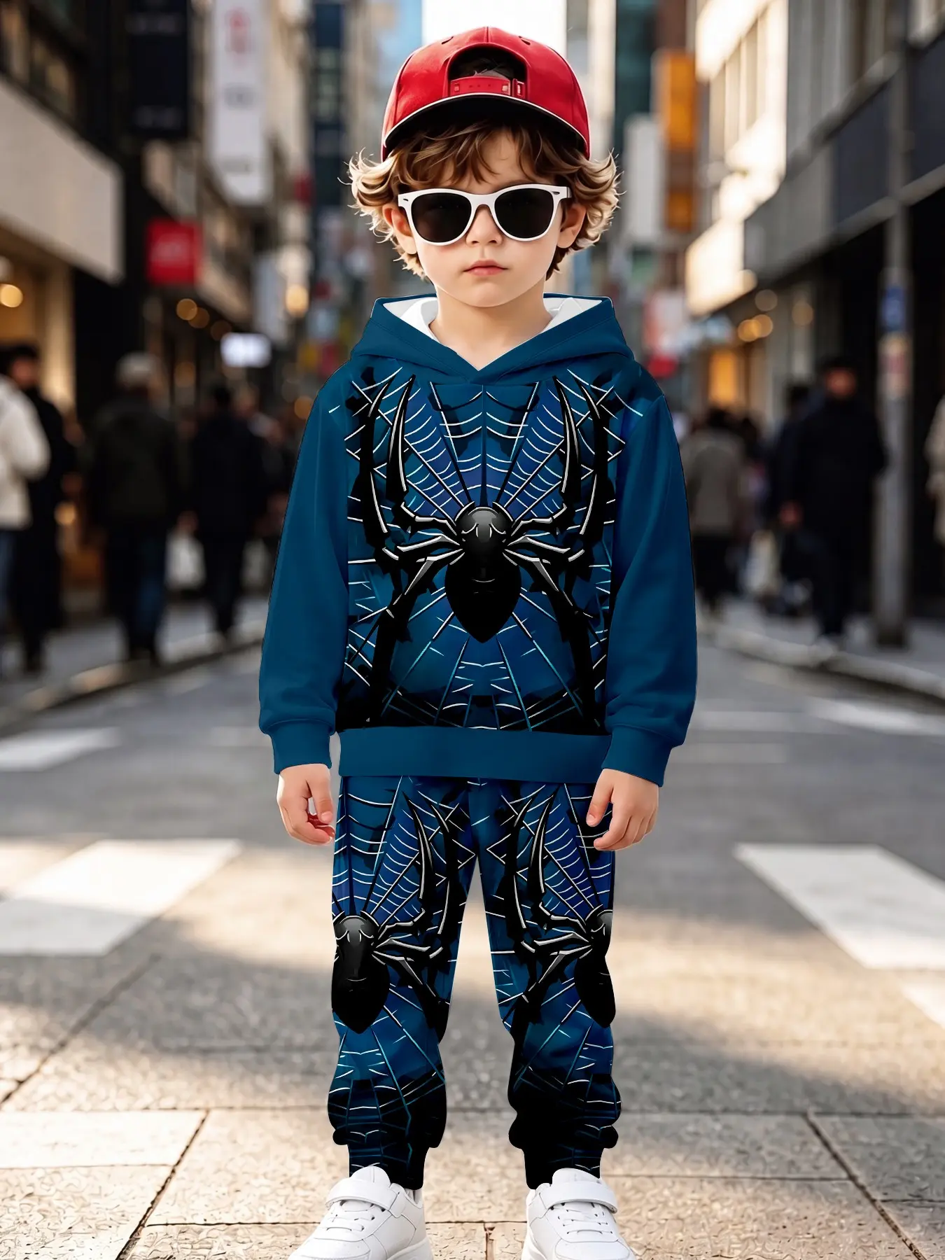 Trendy Spider Web Kids Casual Set, Long Sleeve Loose-Fit Sweatpants, All over Print, Fall & Winter Fashion, Natural Waist