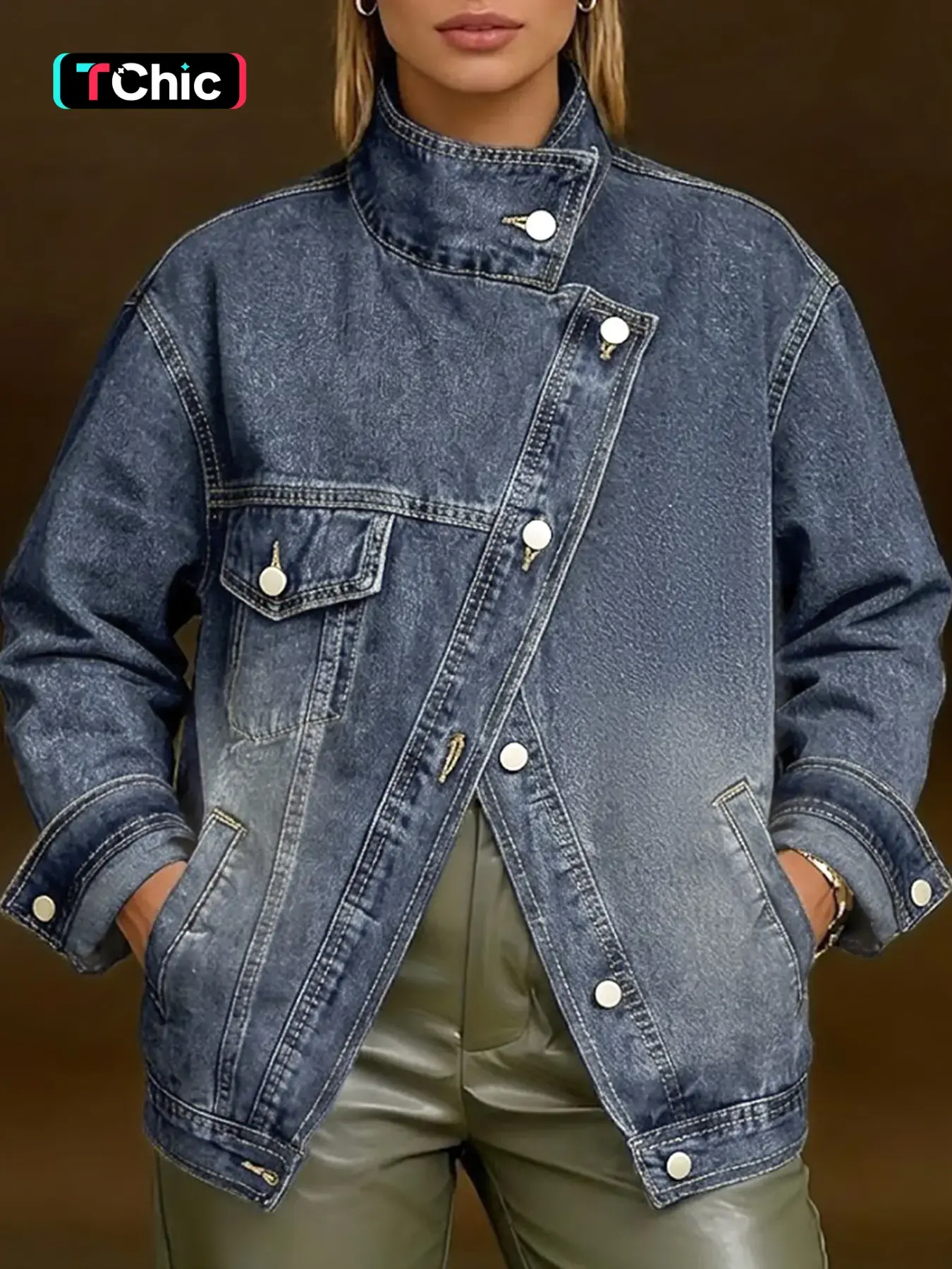 GILIPUR Women's Dark Blue Gradient Wash Stand Collar Deconstructed Denim Jacket, Asymmetric Diagonal Placket Oversized Mid Length Denim Coat with Pockets, Vintage Streetwear Casual Daily Commute Outfits for Women TChic