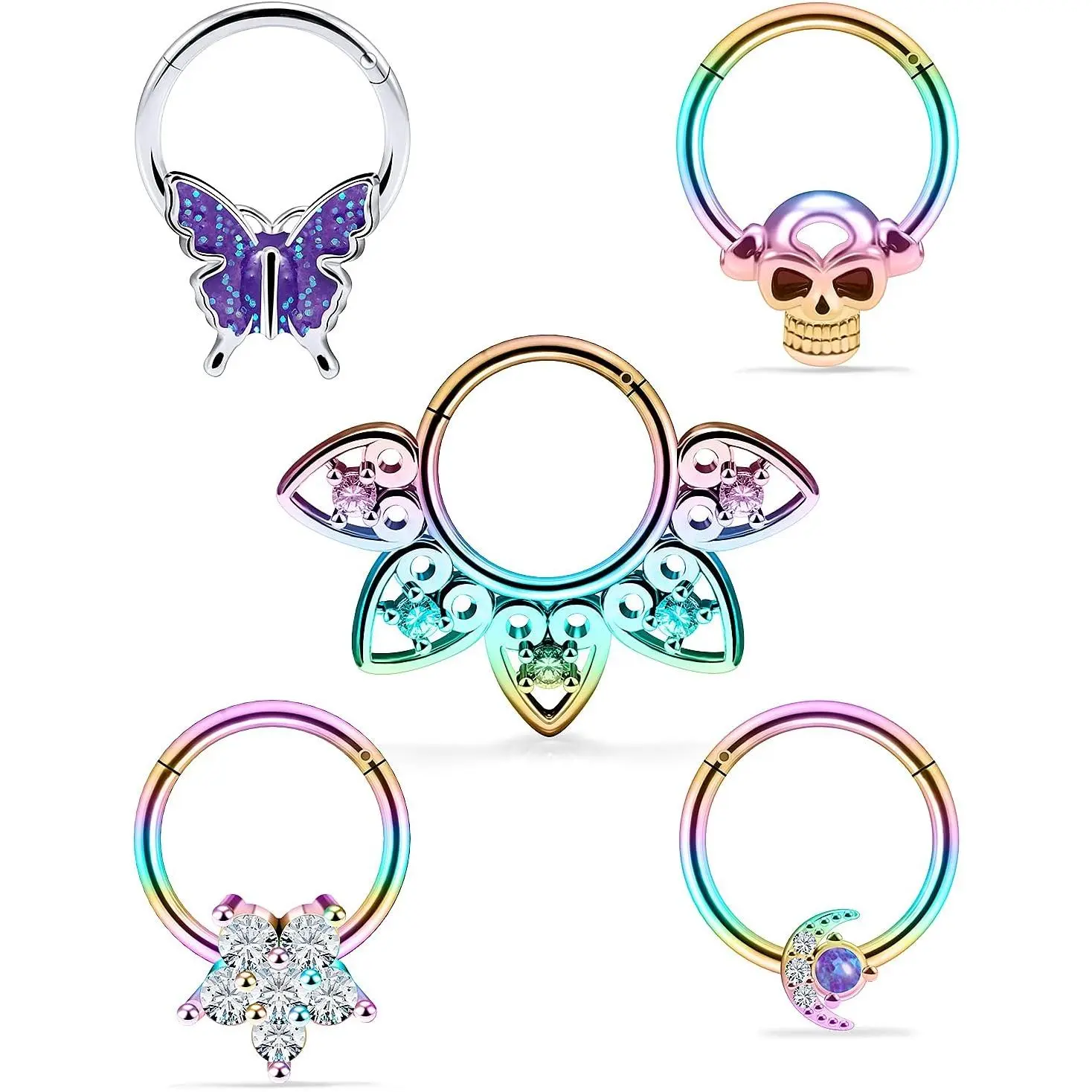 Septum Ring 16G Stainless Steel Skull Septum   Clicker Flower Nose Ring Hoop   for Women Men  Black Rainbow Rose  10mm