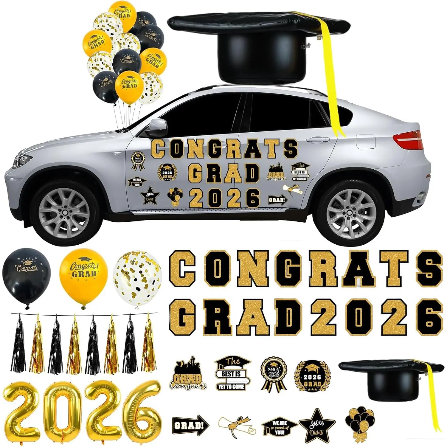 55 Pcs 2026 Congrats Grad Car Decoratio Senior Class of 2026 Cars Decor Include Inflatable Graduation Cap Magnets Decor Tassel Balloons for Cars Roof School Collage Party Favor Grad Parade(Black)