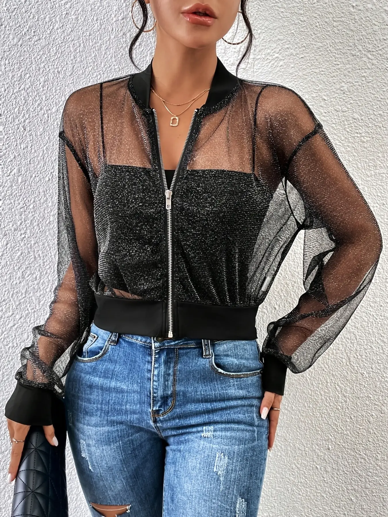 Women's Fashion Spring Summer Drop Shoulder Zipper Mesh Bomber Jacket, Stylish Lightweight Outerwear for Casual Wear, Trendy Ladies' Clothing