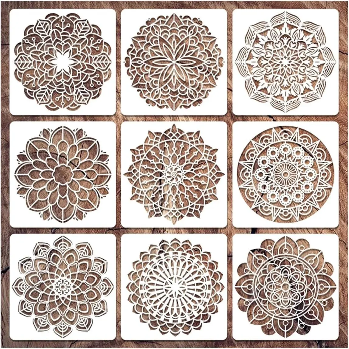9 Pack Mandala Stencils for Painting,Reusable Paint Drawing Templates for Painting on Wood Floor Wall Canvas Tile Fabric,Creative Mandala Stencils for DIY Art Projects & Home Decor (4 inch)
