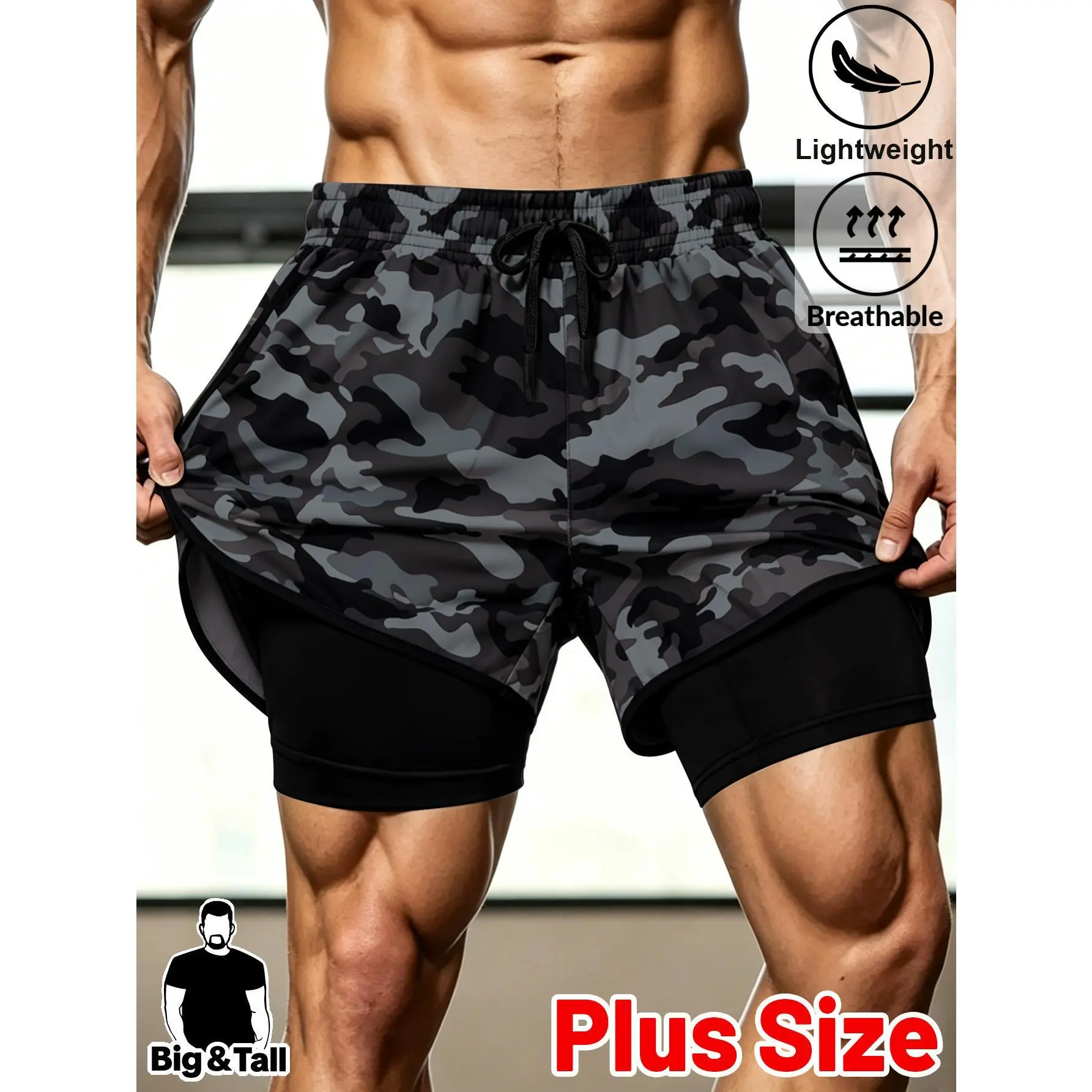 Men’s Plus Size Camo 2-in-1 Athletic Shorts | Functional Gym Streetwear Shorts, Built-in Compression Liner, Drawstring Elastic Waist, Lightweight Breathable Fabric, for Running, Fitness Training & Outdoor Workouts