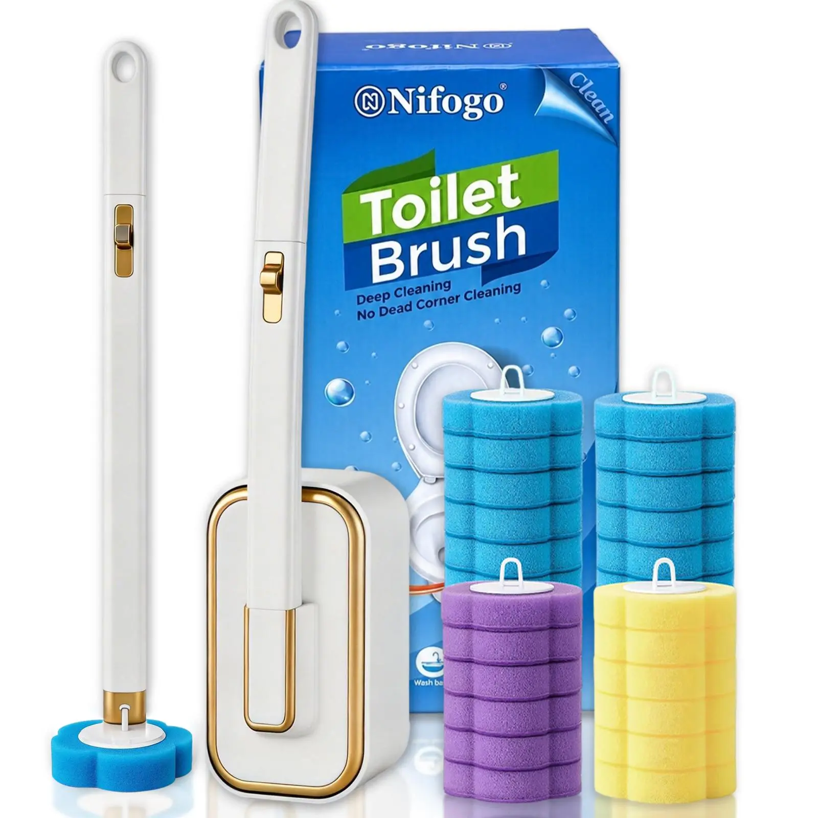 Nifogo Wall-Mount Toilet Bowl Wand Brush Set with 24PCS Disposable Cleaner Refills, All-in-One Bathroom Cleaning System for Toilet, Urinal, Sink, Bathtub, Drain & Wash Basin