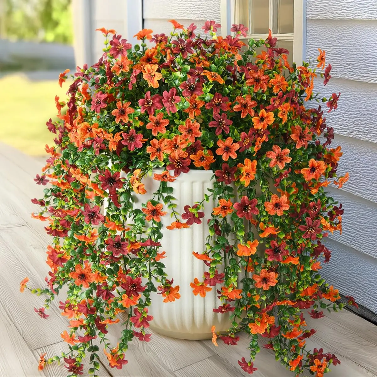 10 Branches Artificial Fall Fake Hanging Flowers UV Resistant Faux Mums Silk Flowers Outdoor Porch Patio Balcony Yard Autumn Decor Real Look Outside Home Fall Decoration