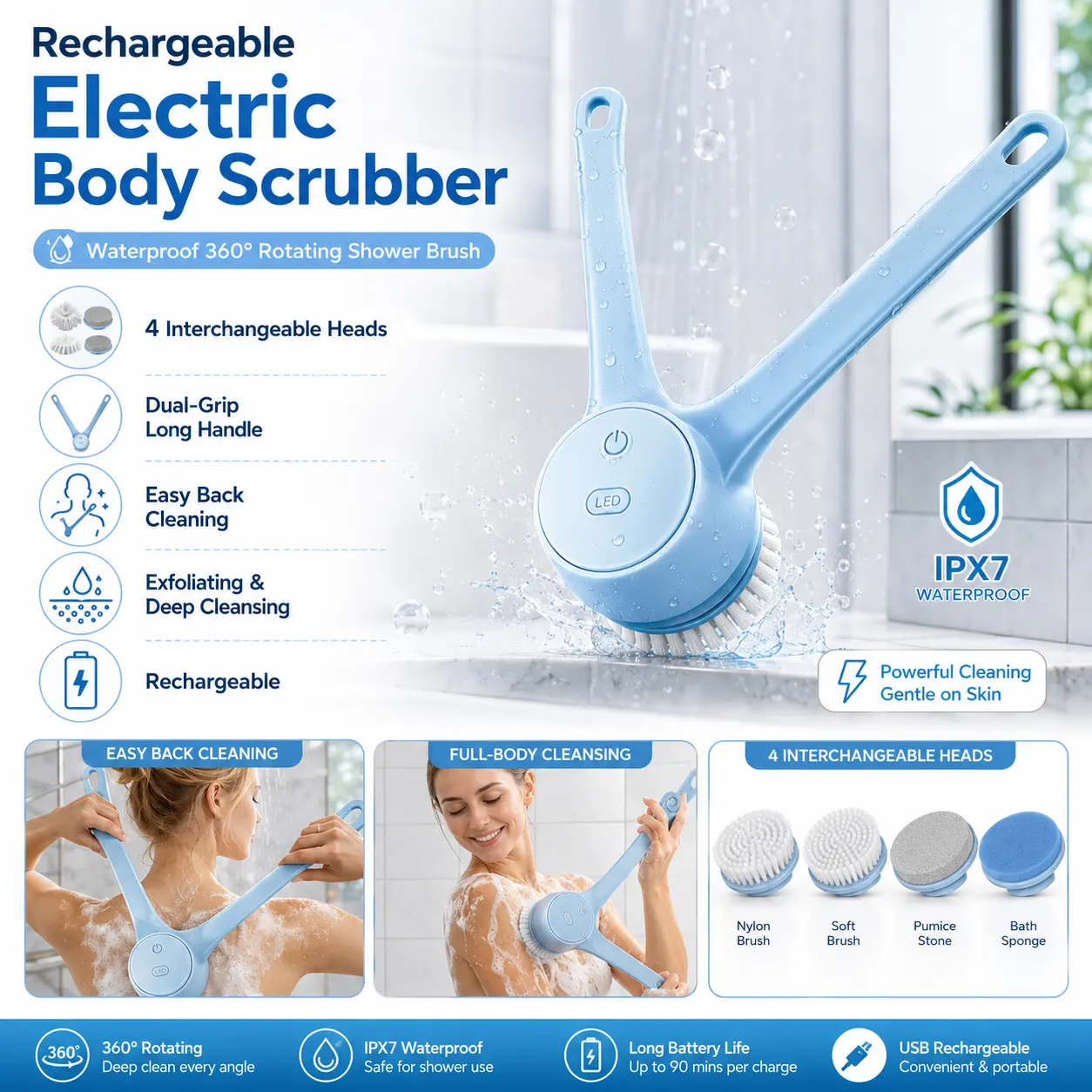 Rechargeable Electric Body Scrubber with 4 Interchangeable Brush Heads, Waterproof 360 °   Rotating Shower Brush with Dual-Grip Long Handle for Back Cleaning, Exfoliating and Full-Body Deep Cleansing