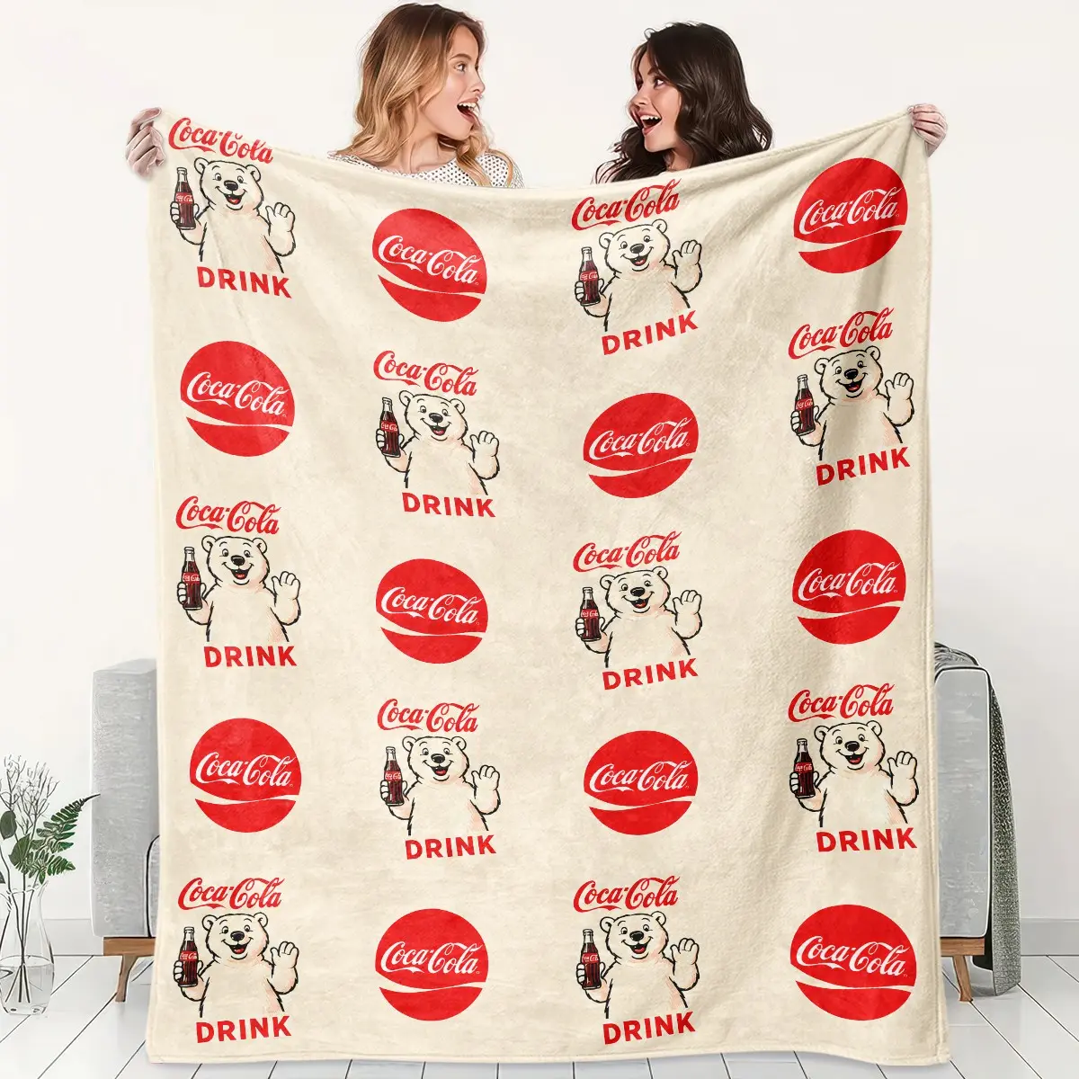1pc Vintage Coca-Cola Polar Bear Fleece Blanket, 3 Styles Retro Coke Bear Soda Logo Seamless Print, Multiple Designs Optional. Soft Warm Throw for Sofa, Bed, Office, Camping Trip, Ideal Christmas Gift, Cozy Warm Blanket.
