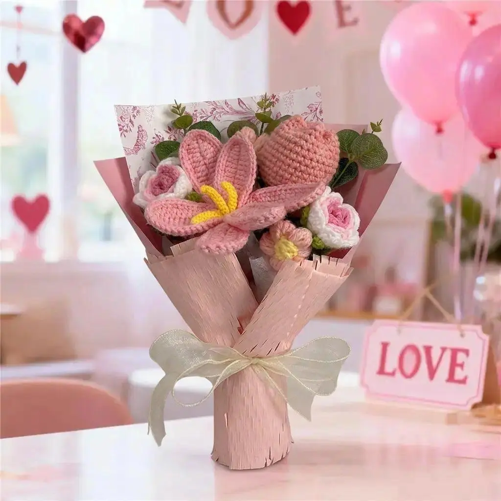 Handmade Knitted Crochet Flower Bouquet, 1 Bunch Artificial Flowers for Home Decor, Parties, Weddings & Anniversaries — Perfect Valentine’s Day, Birthday, Mother’s Day, Father’s Day & Thanksgiving Gift, Decorative Artificial Flower Set