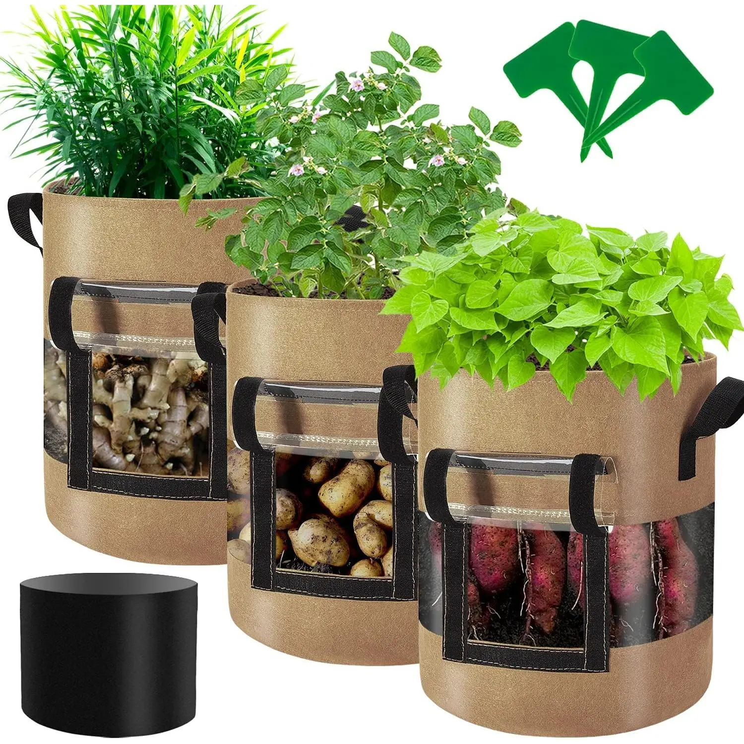 Visible Strawberry Sweet  Grow Bags 7 Gallon with Flap Window 3-Pack, Heavy Duty Thickened Aeration Nonwoven Fabric Pots with Handles, Come with 3-Pcs  Labels&Lens Hoods