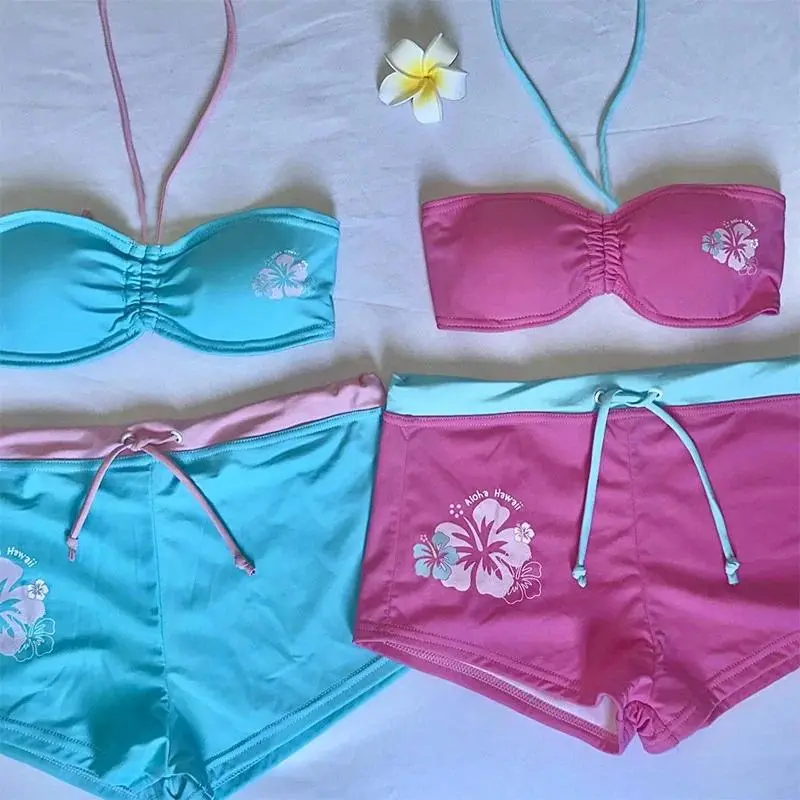 Tropical Holiday Flower Printed Swimsuit Suit Fashion Neck Tube Top Drawstring Shorts Two-piece Harajuku Beach Leisure Swimsuit